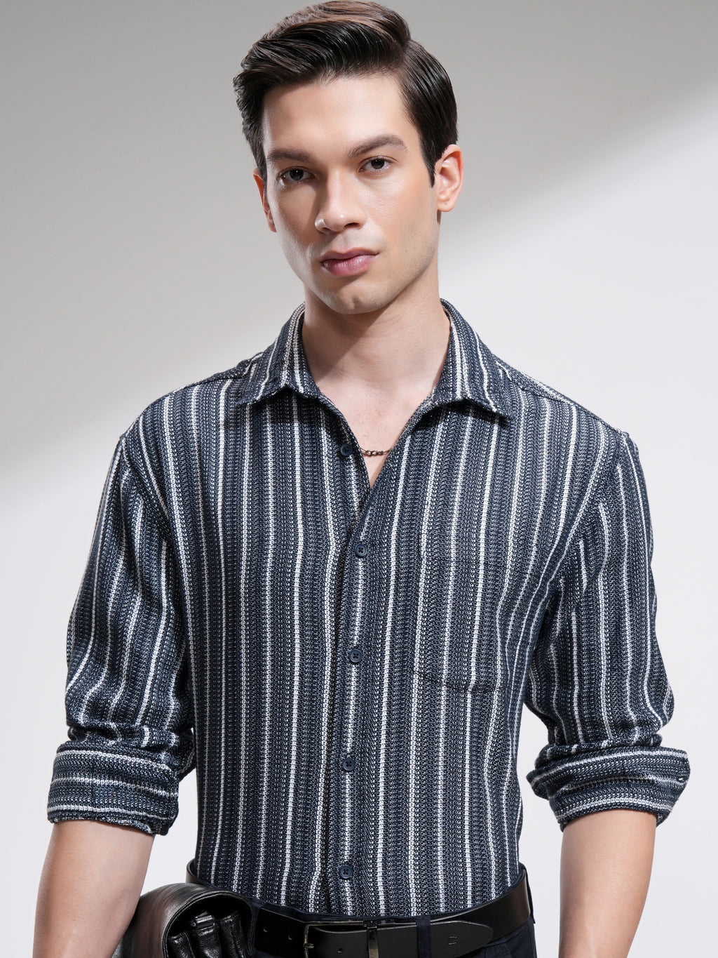 Highlander Men Navy Blue Striped Relaxed Fit Casual Shirt - Navy Blue - Image 1