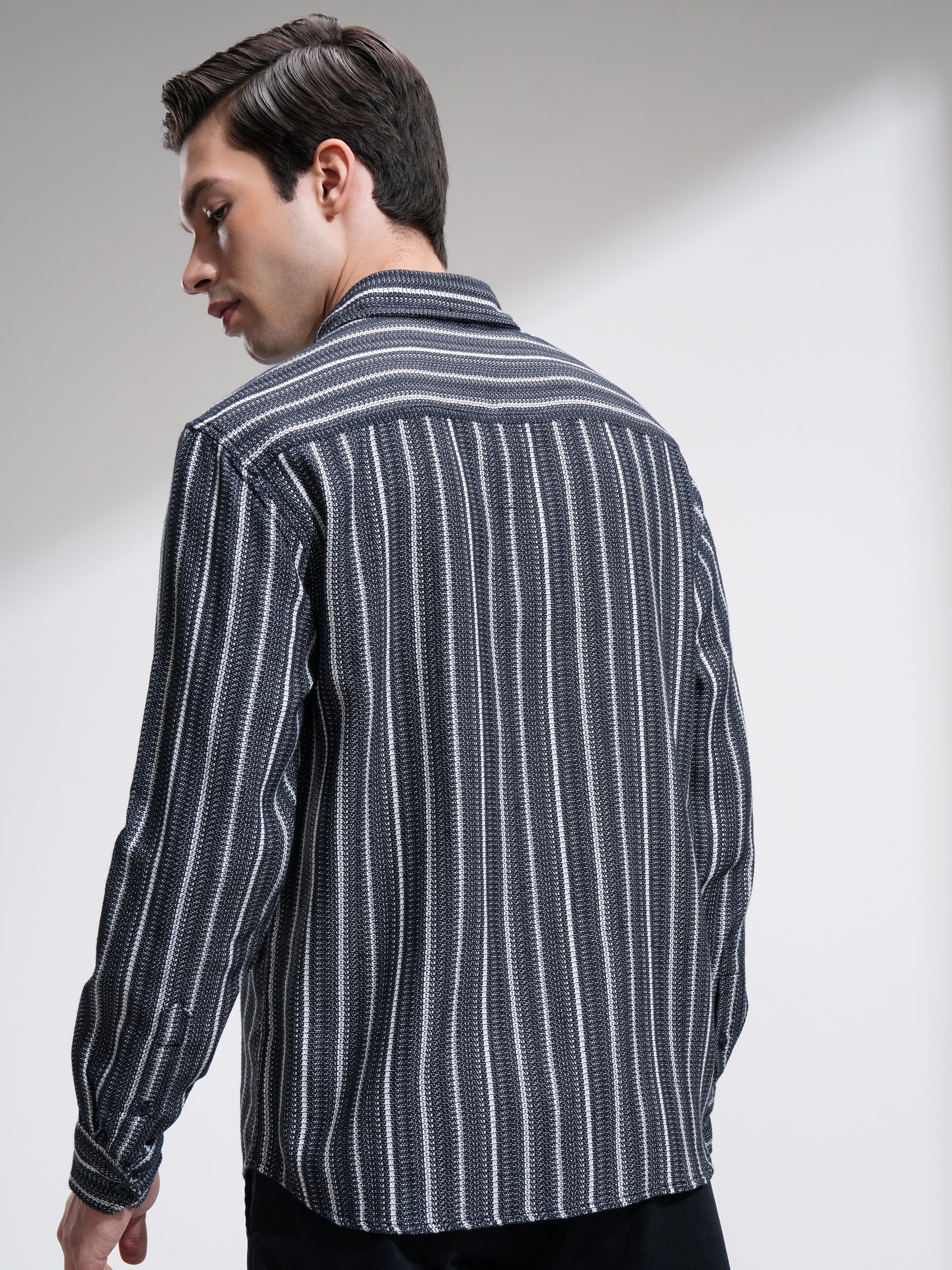Highlander Men Navy Blue Striped Relaxed Fit Casual Shirt - Navy Blue - Image 3
