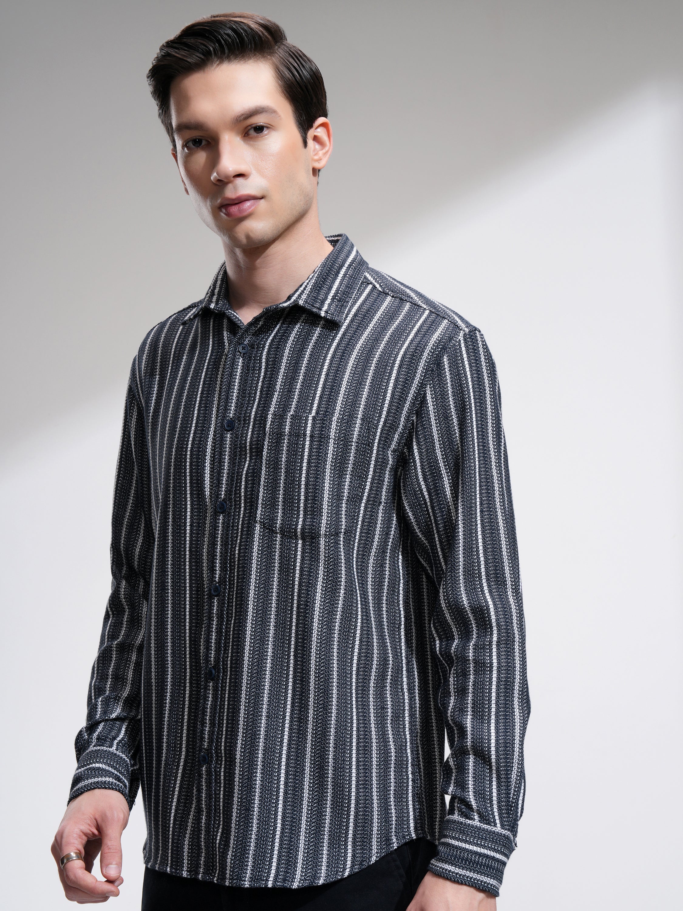 Highlander Men Navy Blue Striped Relaxed Fit Casual Shirt - Navy Blue - Image 4
