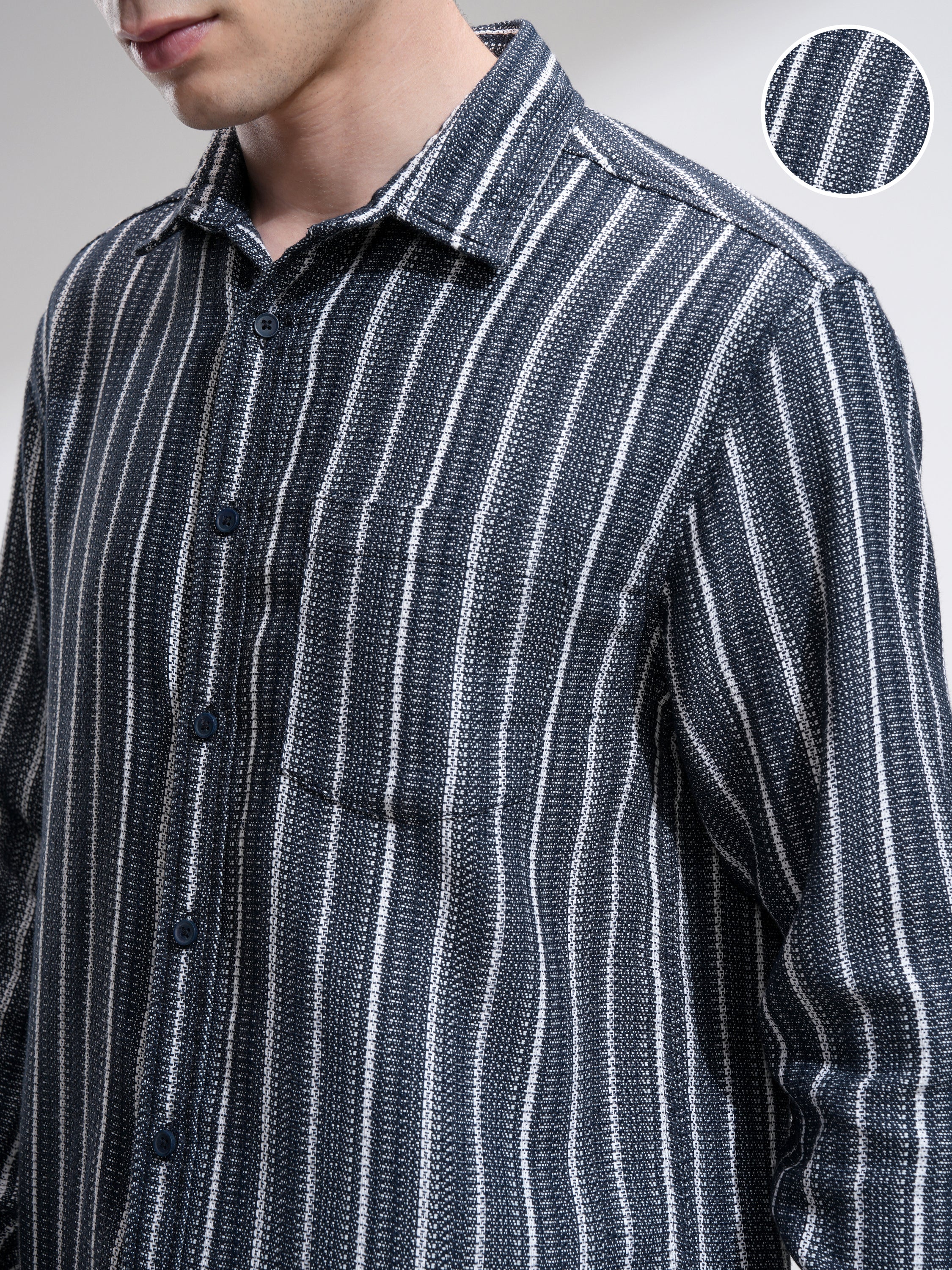 Highlander Men Navy Blue Striped Relaxed Fit Casual Shirt - Navy Blue - Image 5