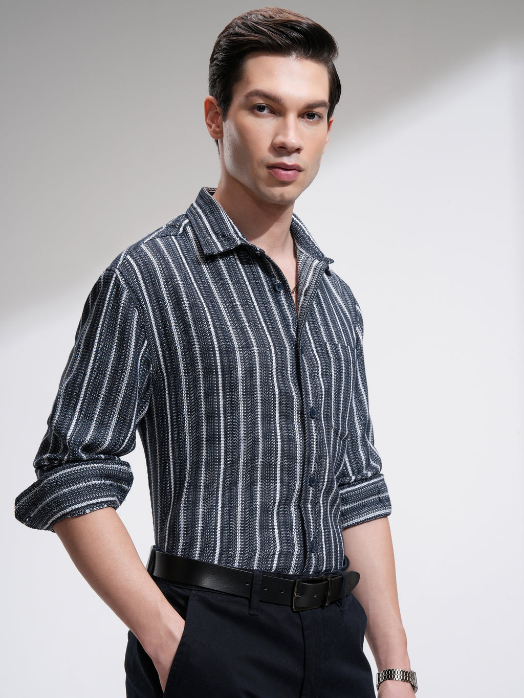 Highlander Men Navy Blue Striped Relaxed Fit Casual Shirt - Navy Blue - Image 6