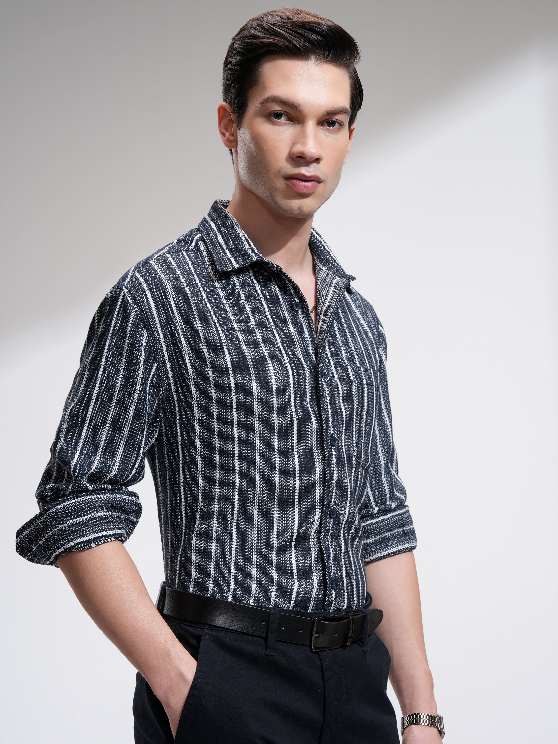 Highlander Men Navy Blue Striped Relaxed Fit Casual Shirt - Navy Blue - Image 6