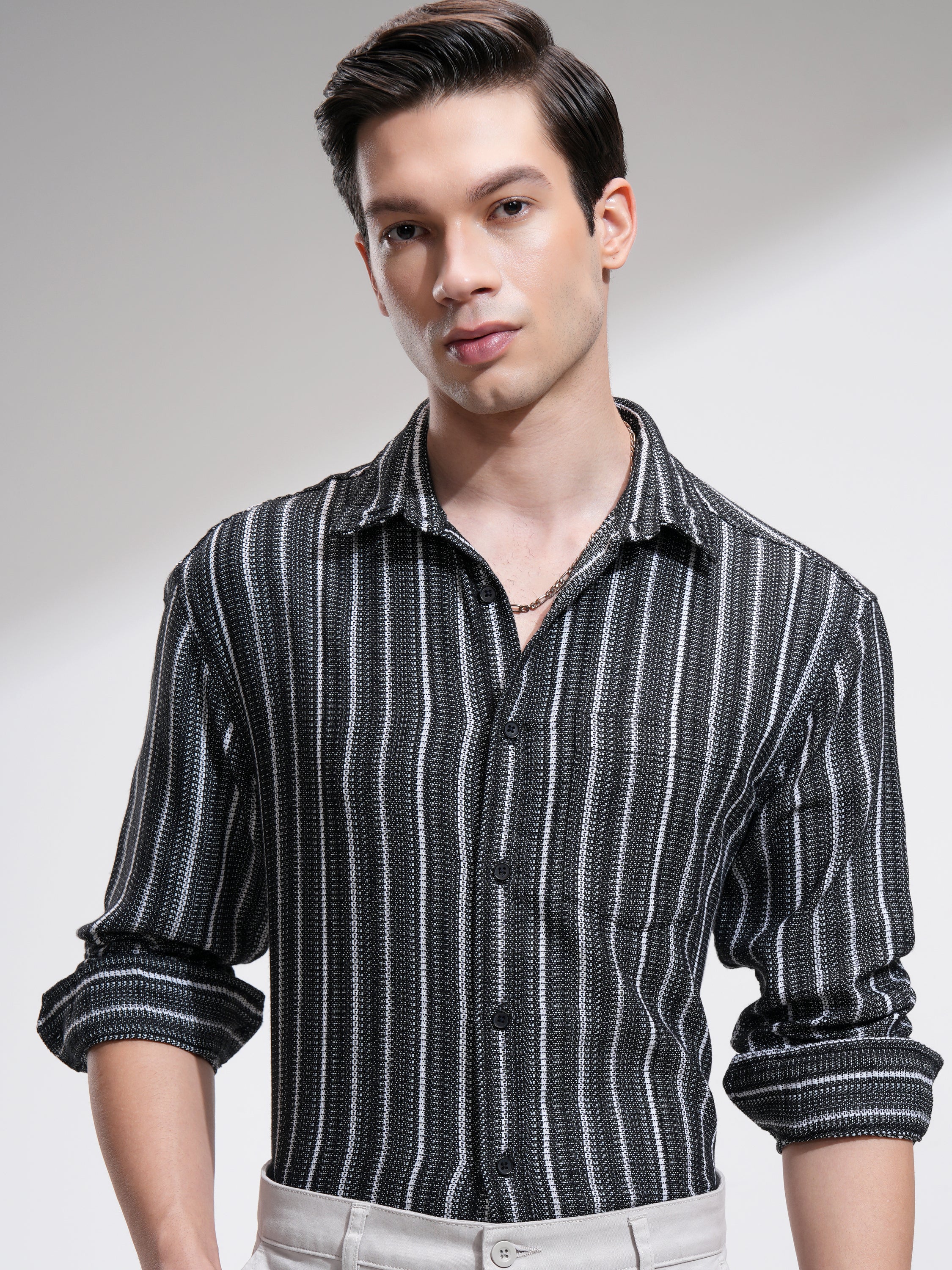 Highlander Men Black Striped Relaxed Fit Casual Shirt - Black - Image 1
