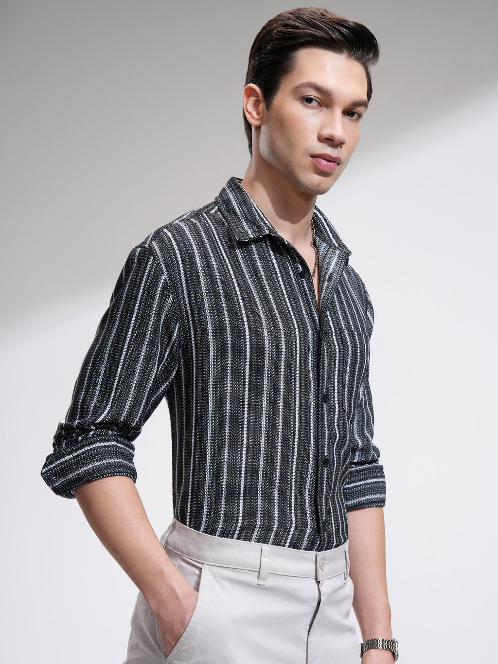 Highlander Men Black Striped Relaxed Fit Casual Shirt - Black - Image 6