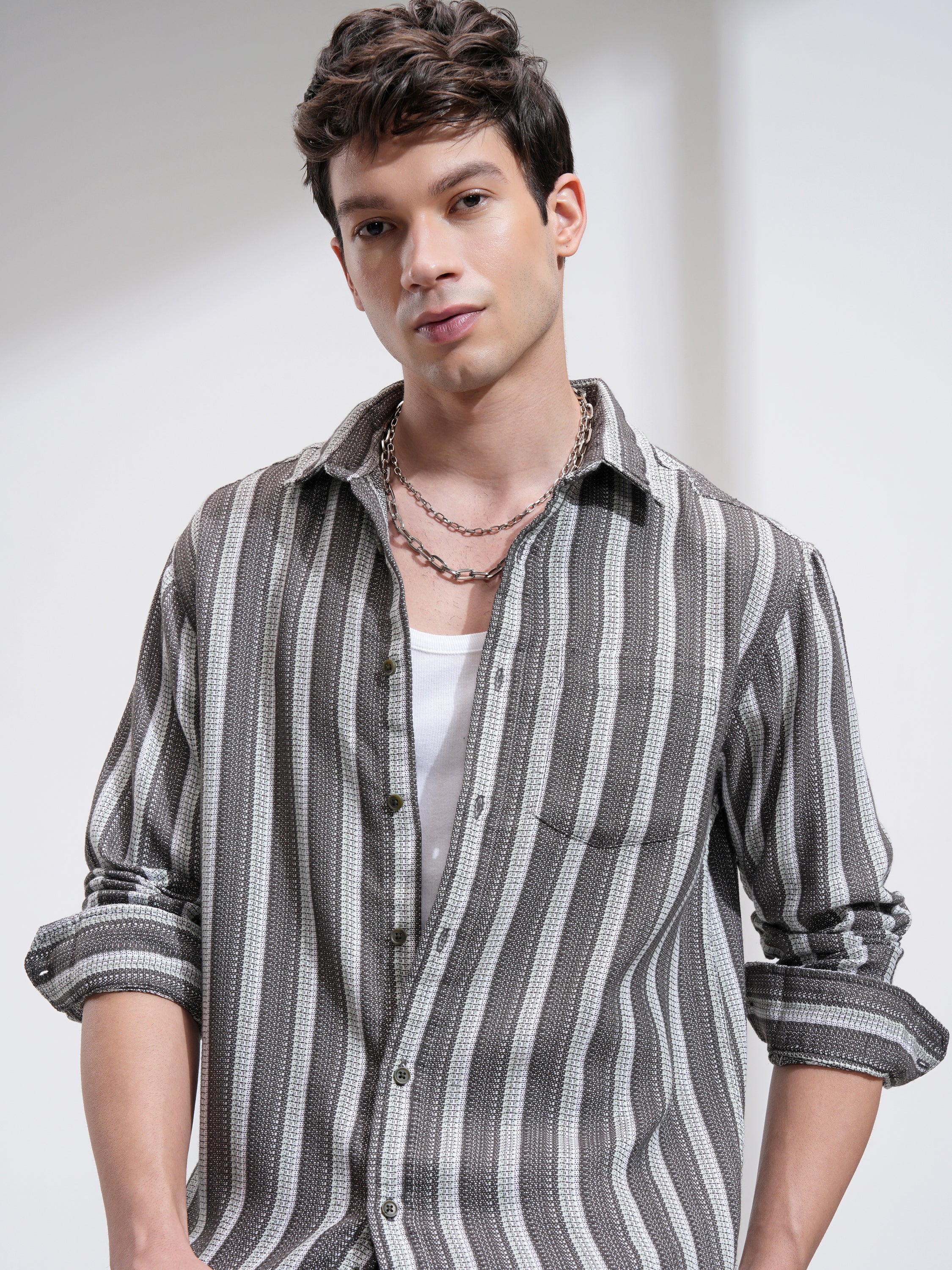 Highlander Men Sage Striped Relaxed Fit Casual Shirt - Sage - Image 1