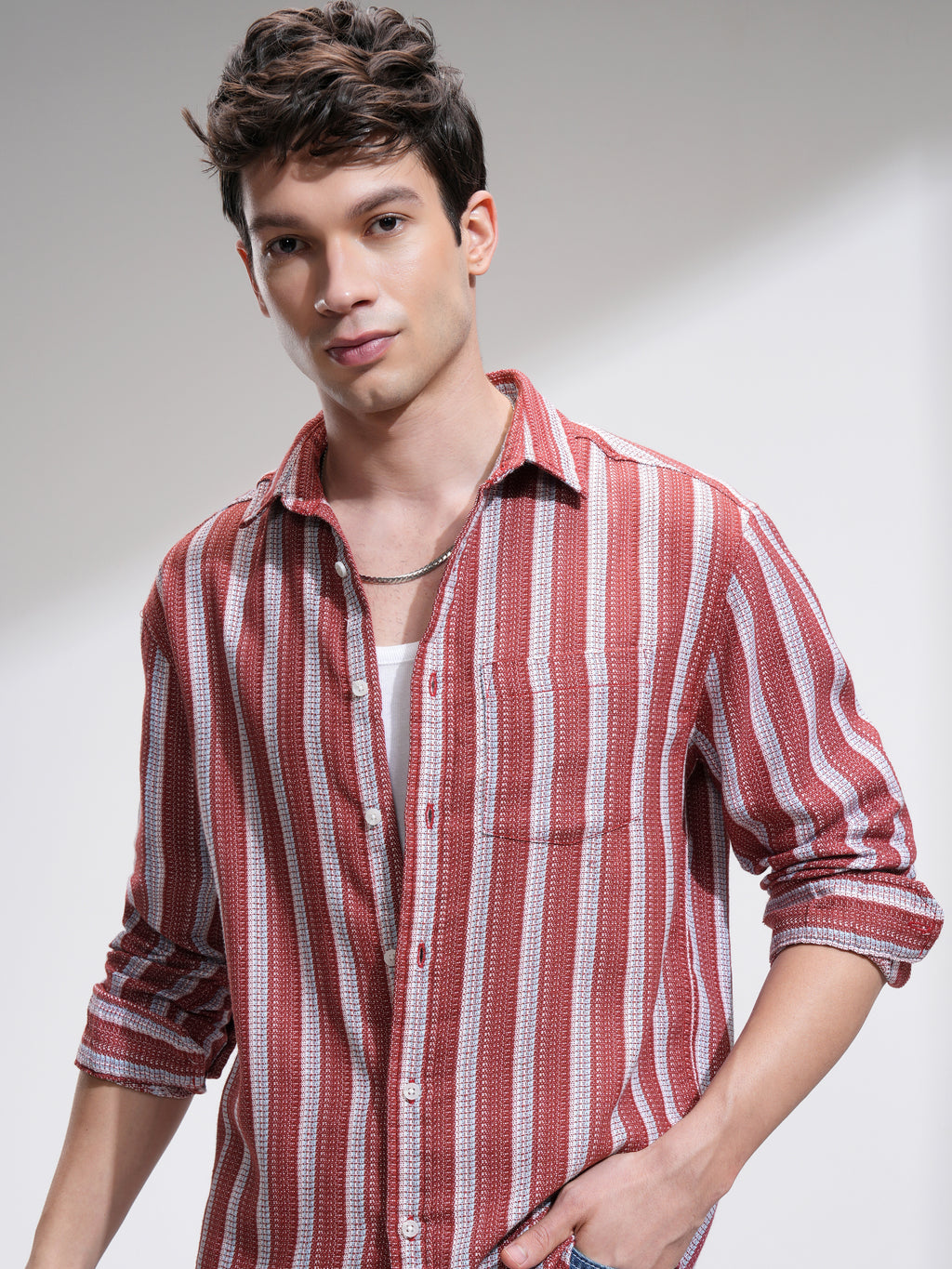 Highlander Men Red Striped Relaxed Fit Casual Shirt - Red - Image 1