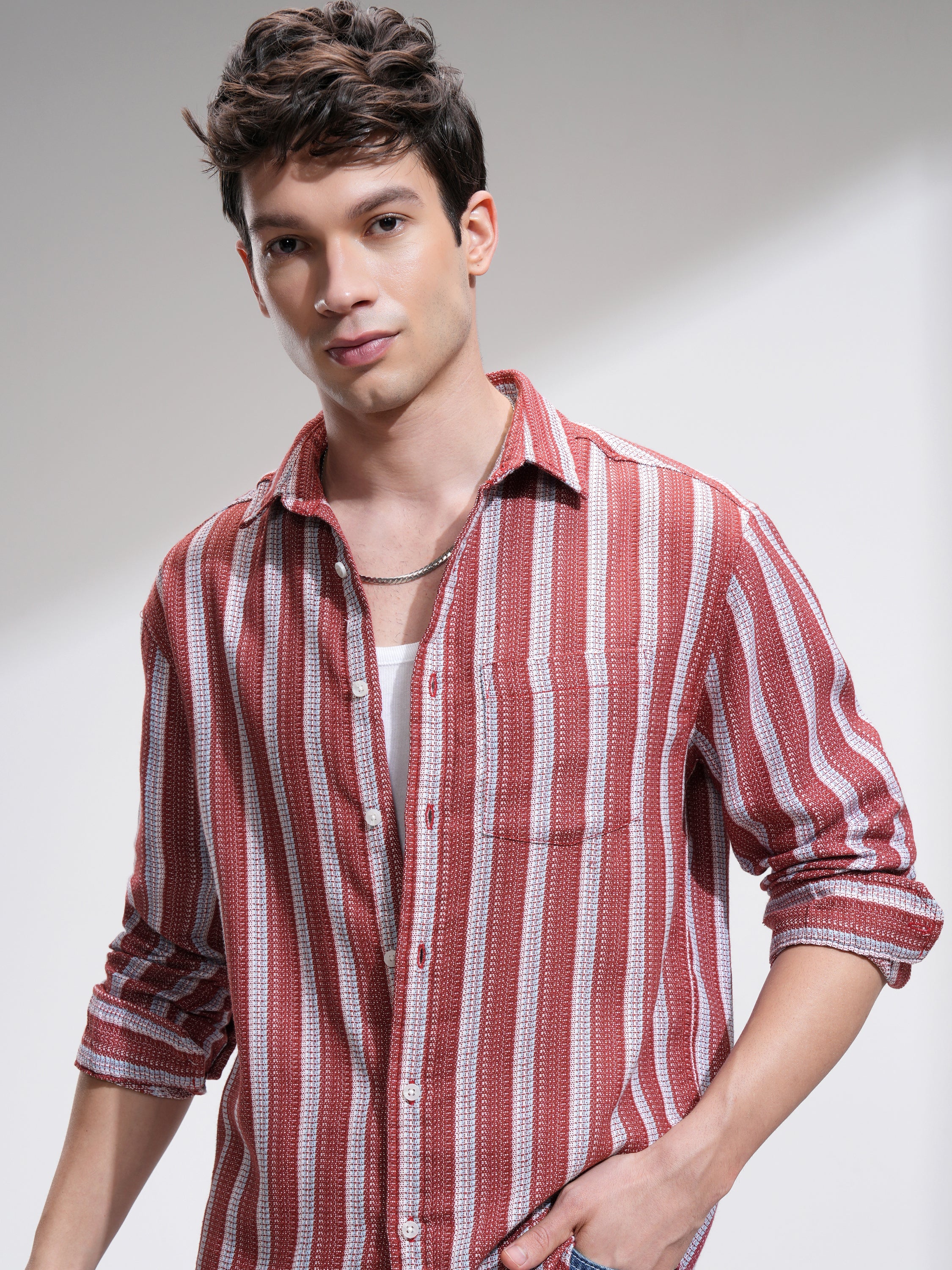 Highlander Men Red Striped Relaxed Fit Casual Shirt - Red - Image 1