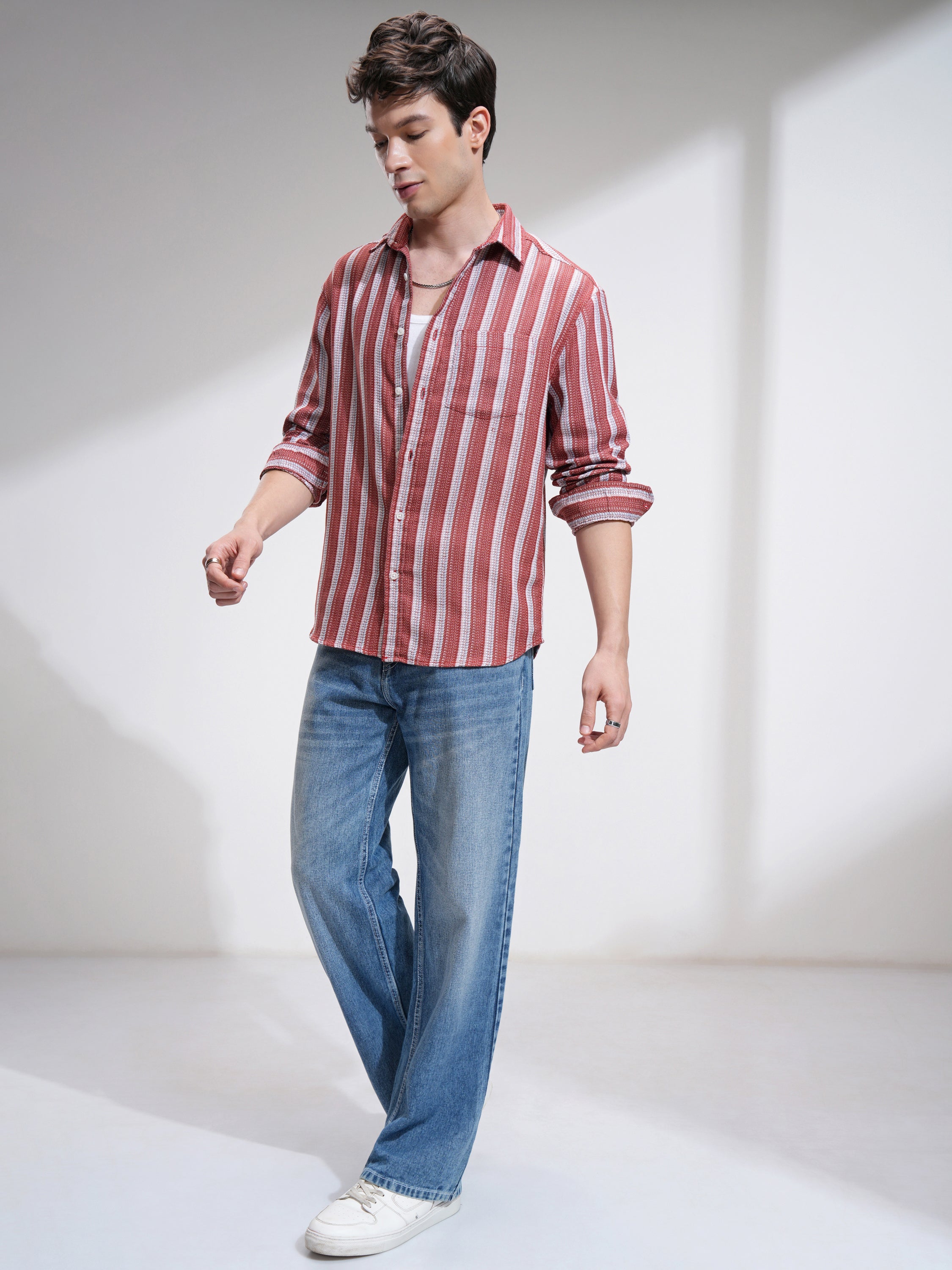 Highlander Men Red Striped Relaxed Fit Casual Shirt - Red - Image 2