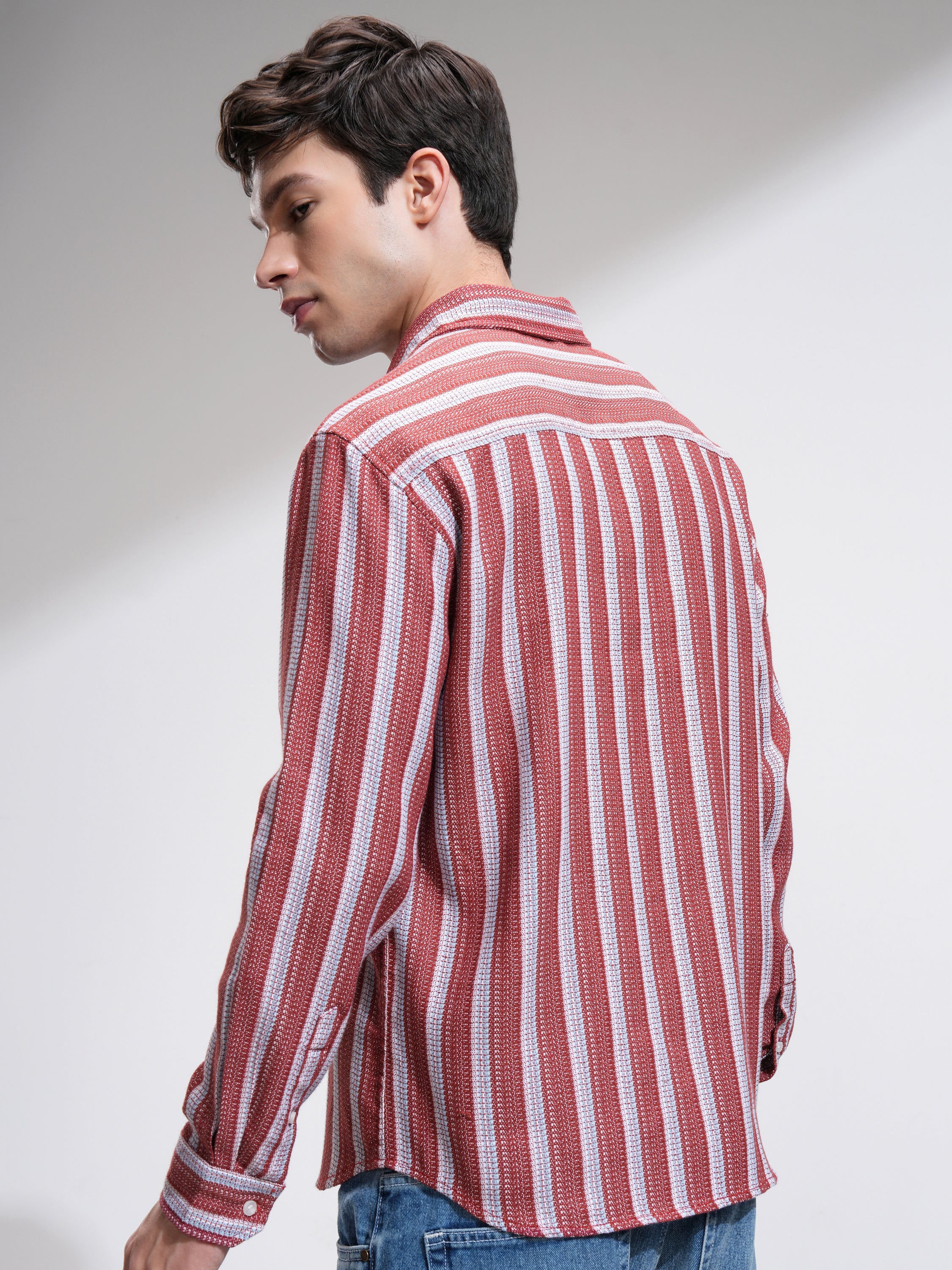 Highlander Men Red Striped Relaxed Fit Casual Shirt - Red - Image 3