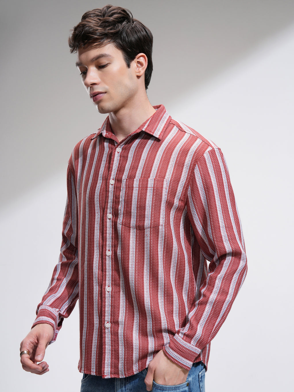 Highlander Men Red Striped Relaxed Fit Casual Shirt - Red - Image 4