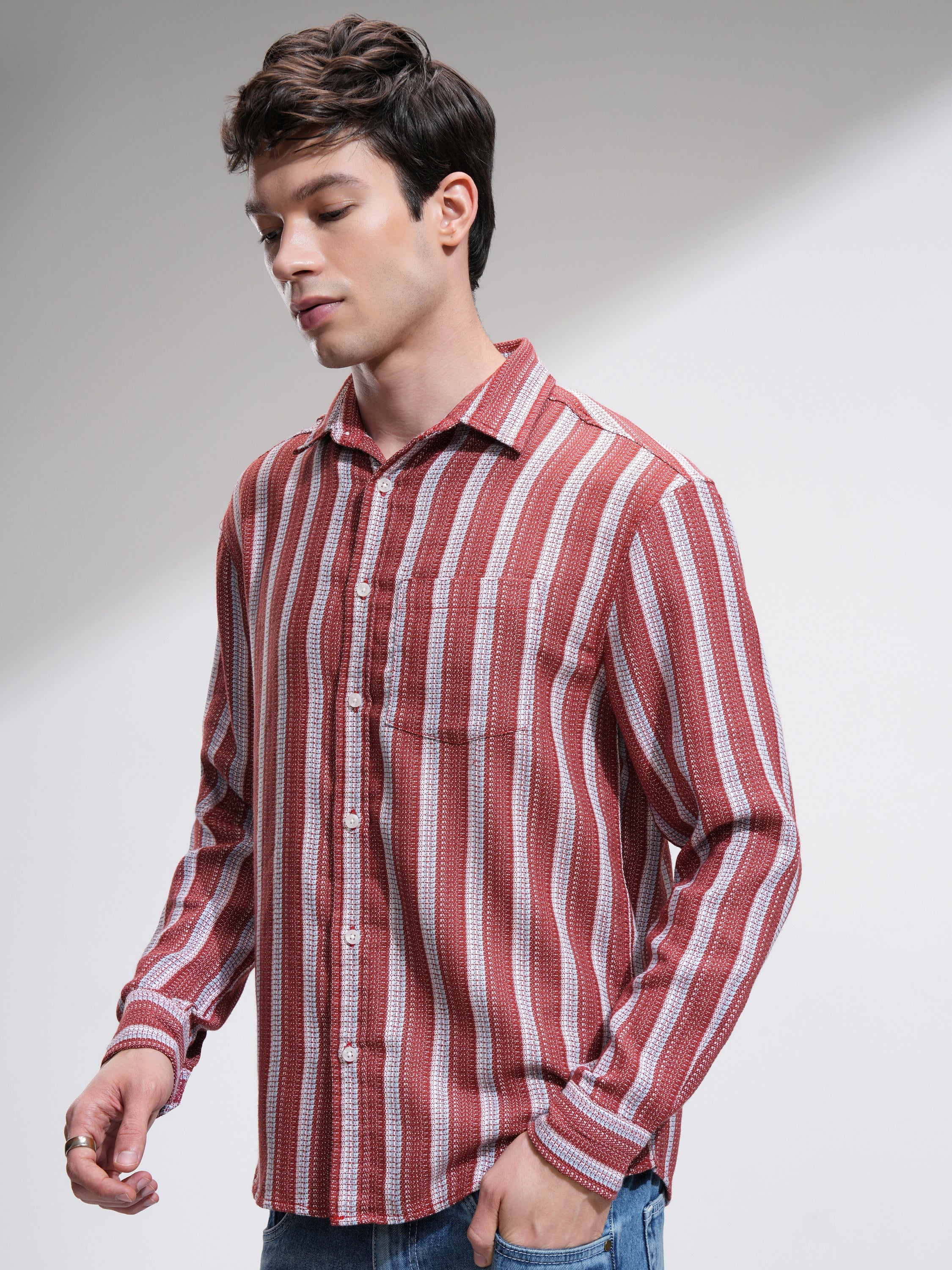 Highlander Men Red Striped Relaxed Fit Casual Shirt - Red - Image 4