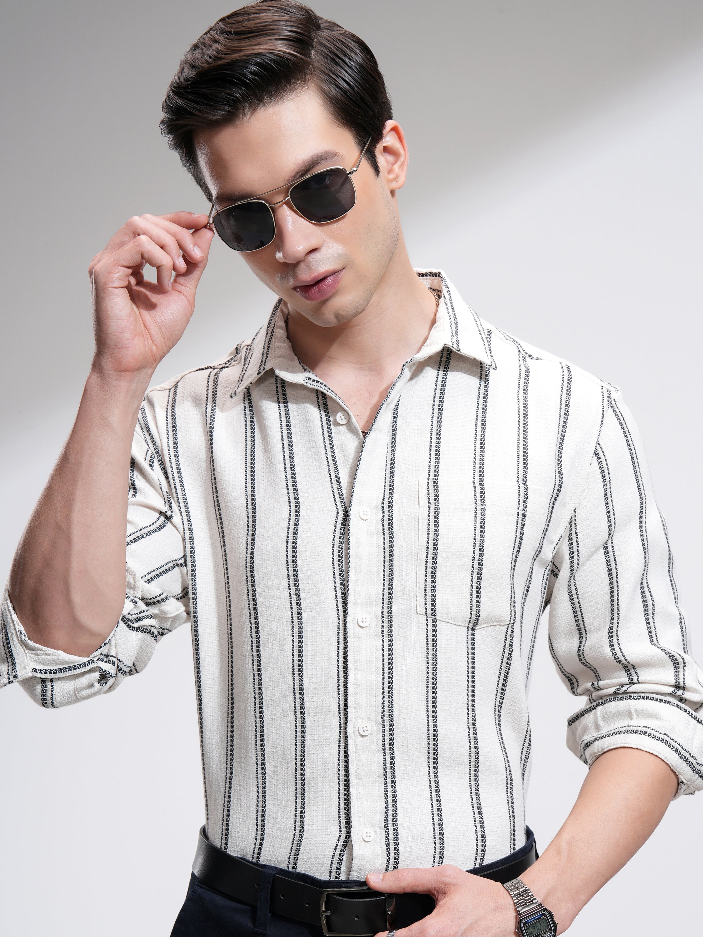 Highlander Men Off White Striped Relaxed Fit Casual Shirt - Off White - Image 1
