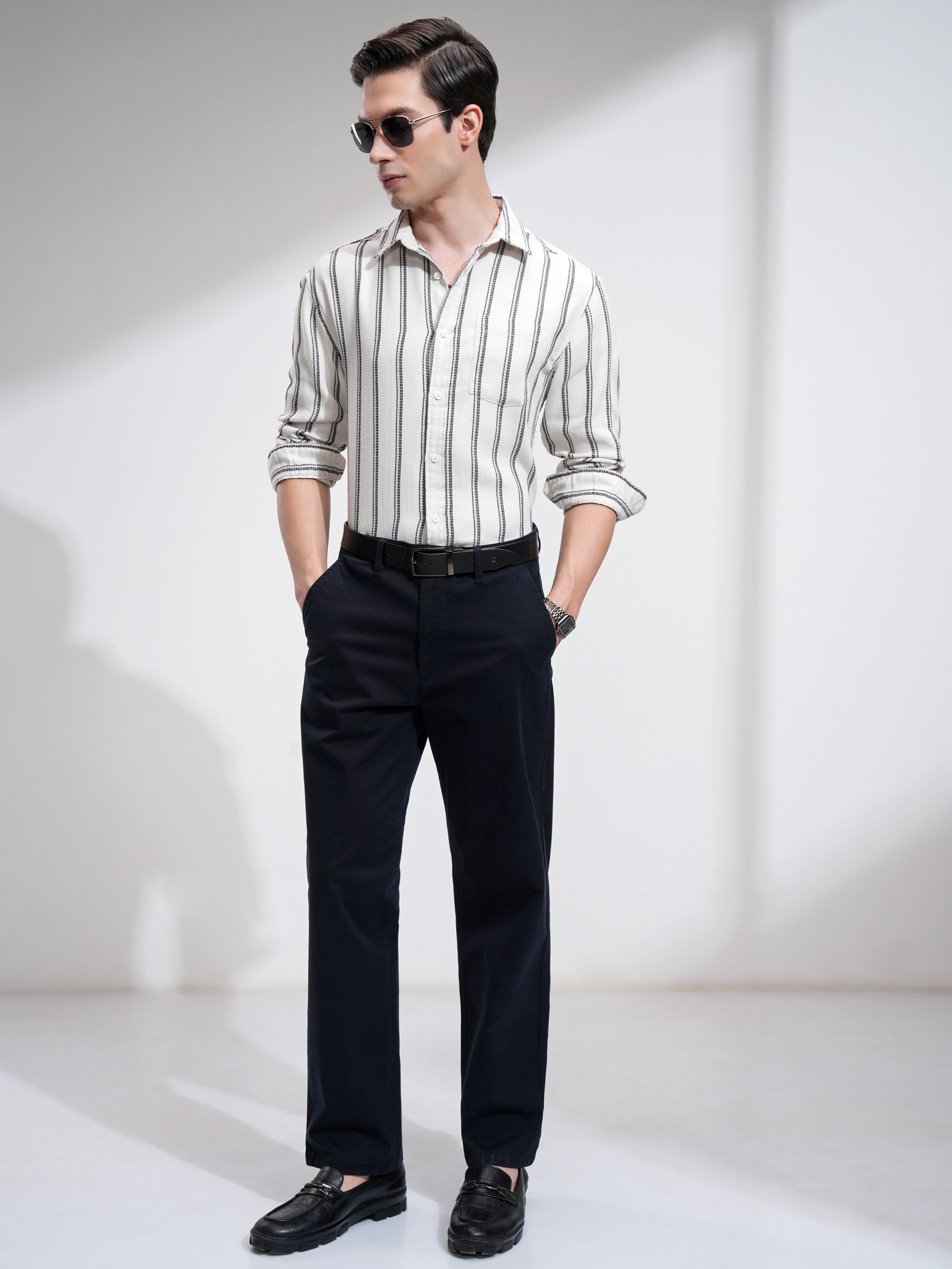Highlander Men Off White Striped Relaxed Fit Casual Shirt - Off White - Image 2