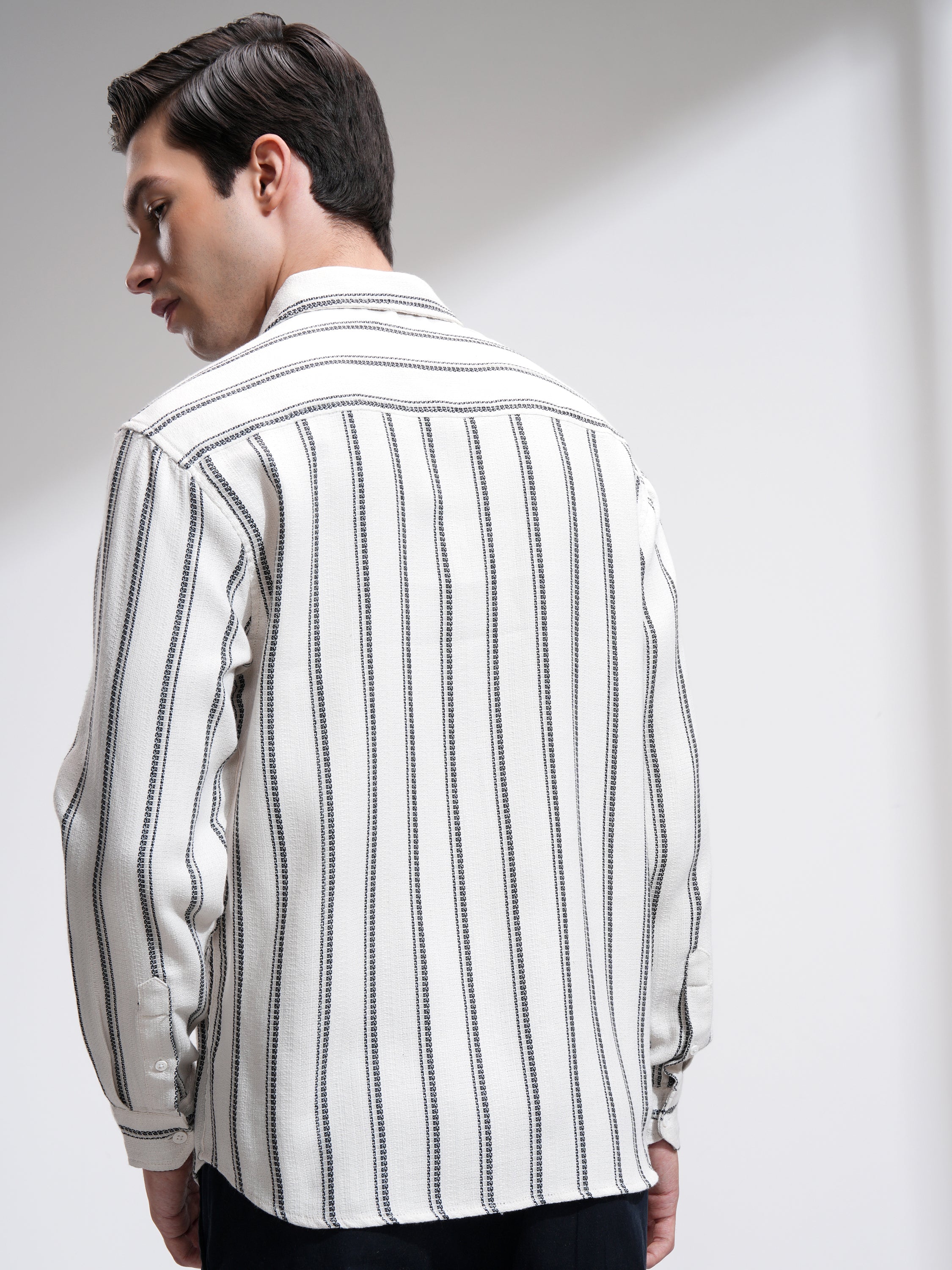 Highlander Men Off White Striped Relaxed Fit Casual Shirt - Off White - Image 3