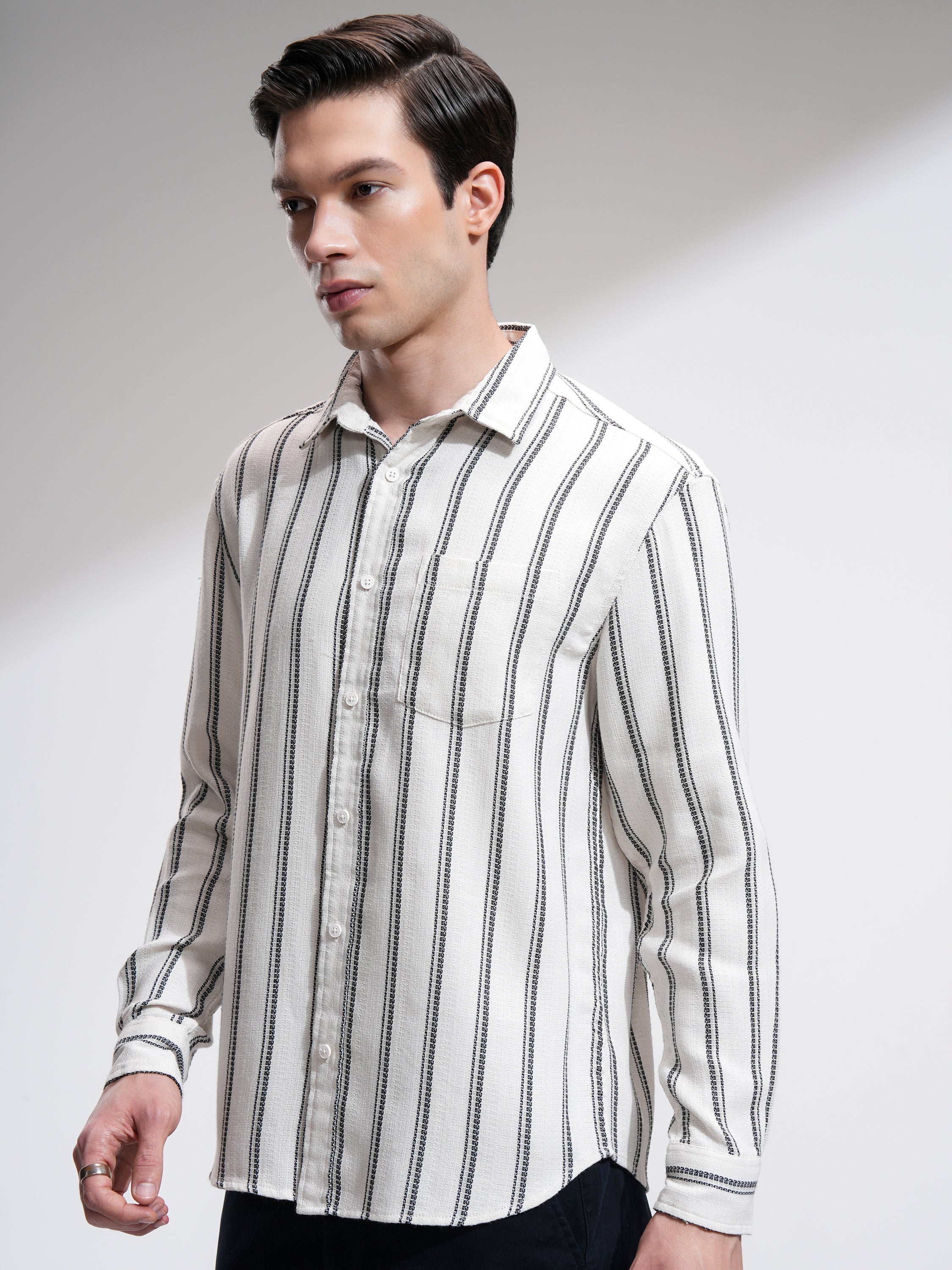 Highlander Men Off White Striped Relaxed Fit Casual Shirt - Off White - Image 4