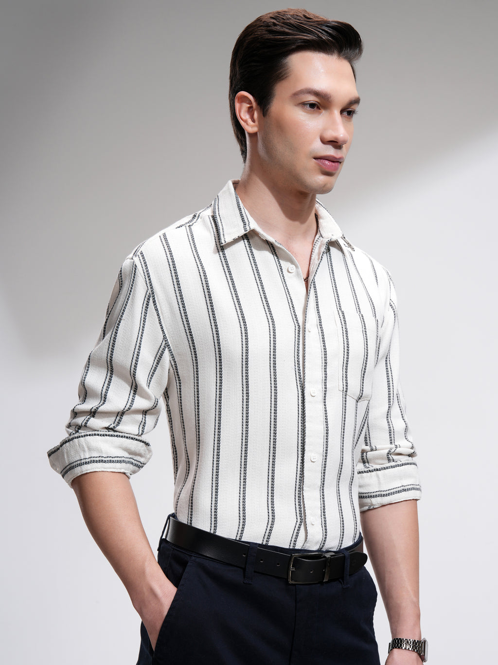 Highlander Men Off White Striped Relaxed Fit Casual Shirt - Off White - Image 6