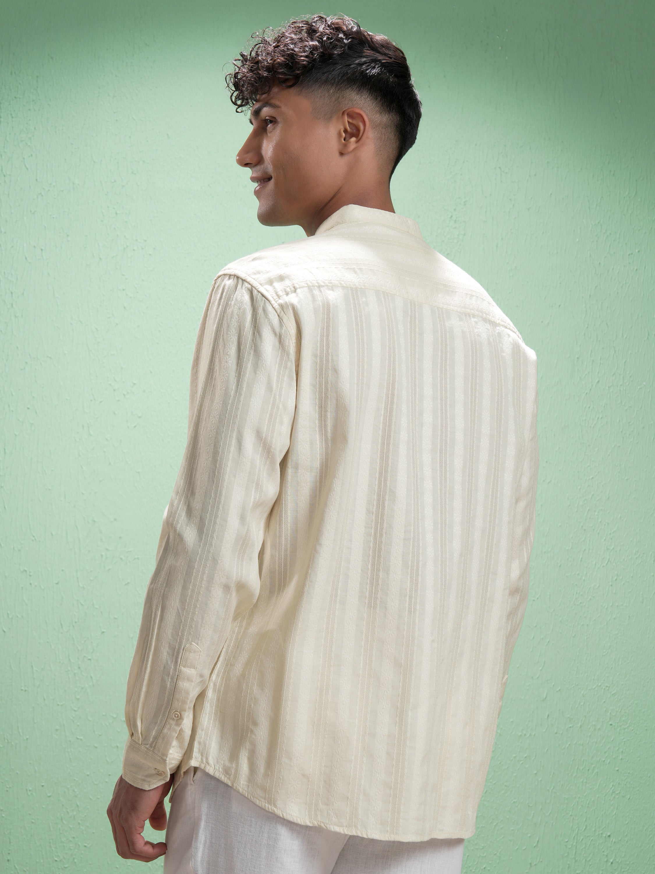Highlander Men Cream Striped Relaxed Fit Casual Shirt - Cream - Image 3