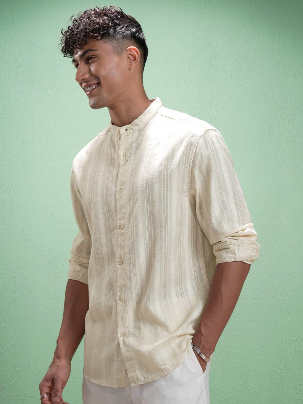 Highlander Men Cream Striped Relaxed Fit Casual Shirt - Cream - Image 4