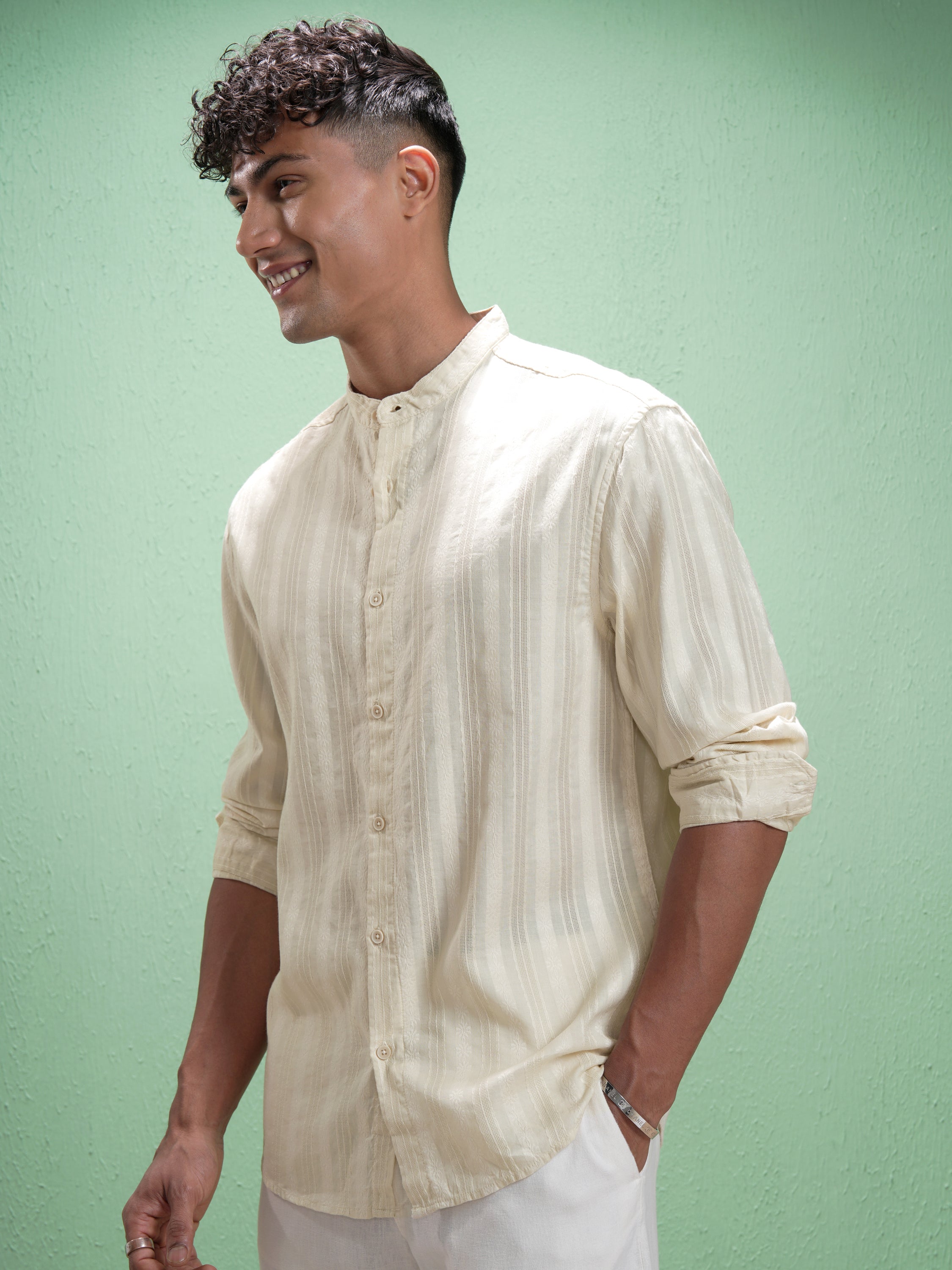 Highlander Men Cream Striped Relaxed Fit Casual Shirt - Cream - Image 4