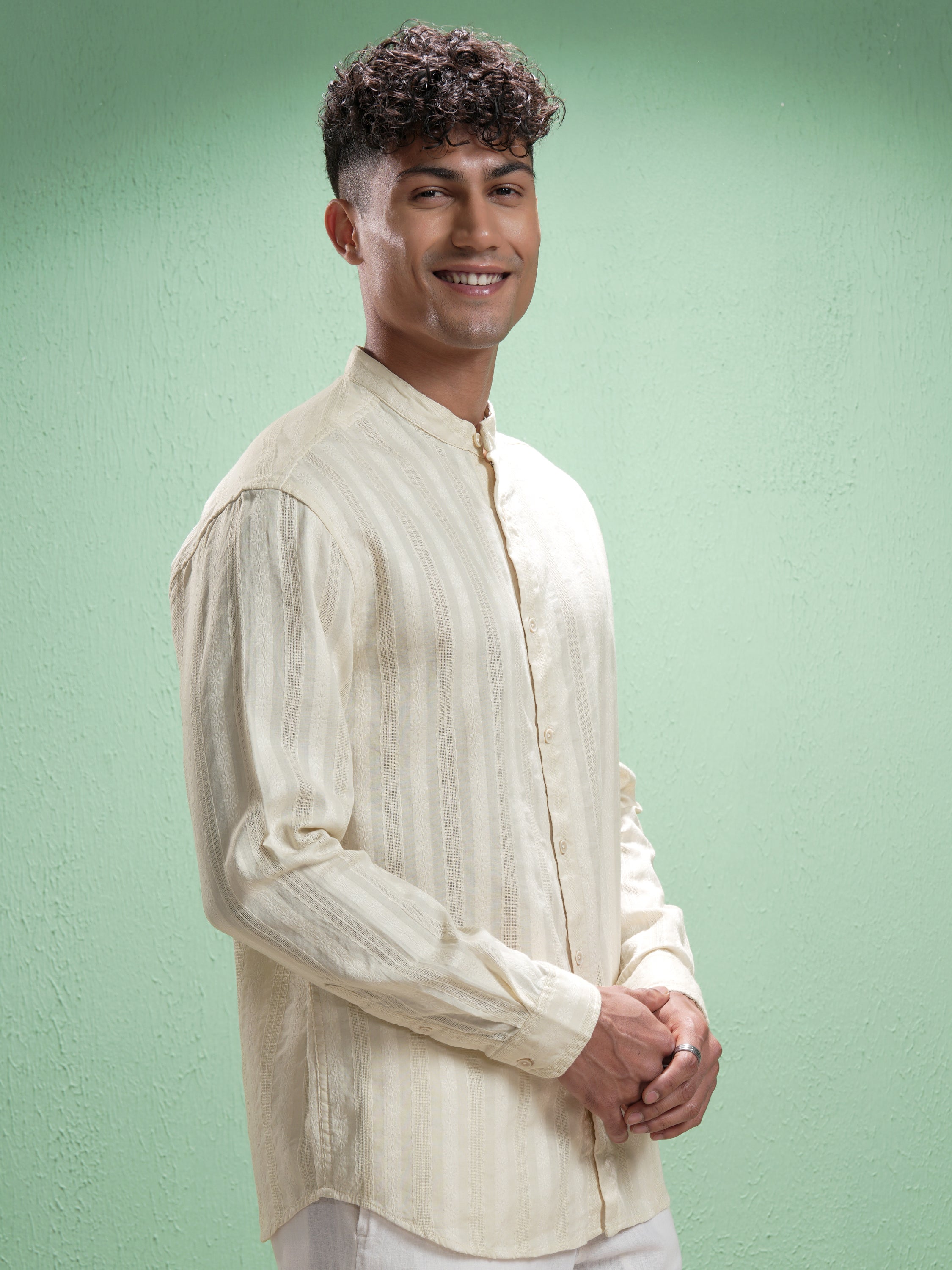 Highlander Men Cream Striped Relaxed Fit Casual Shirt - Cream - Image 6