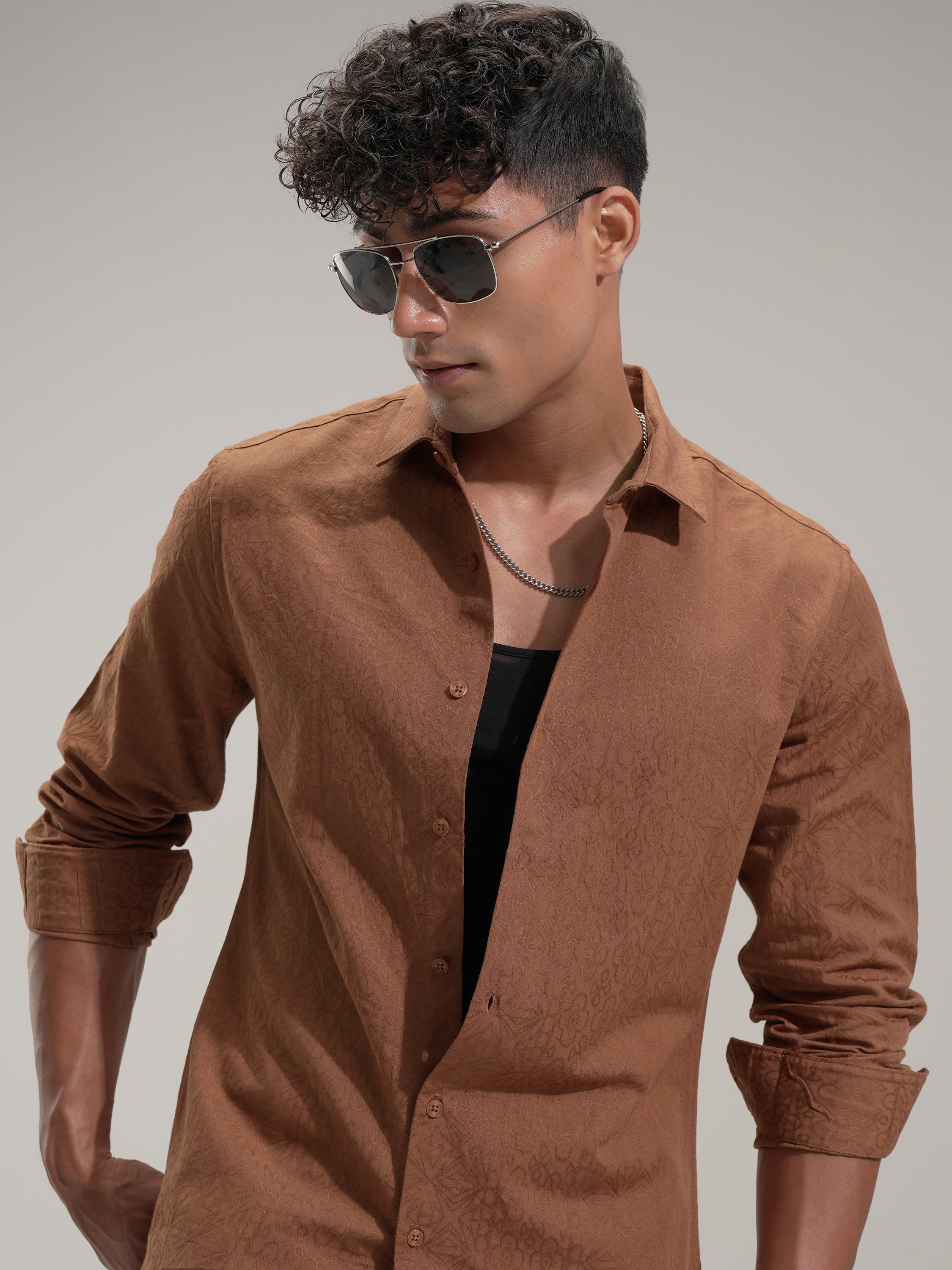 Highlander Men Rust Self Design Slim Fit Casual Shirt - Rust - Image 1
