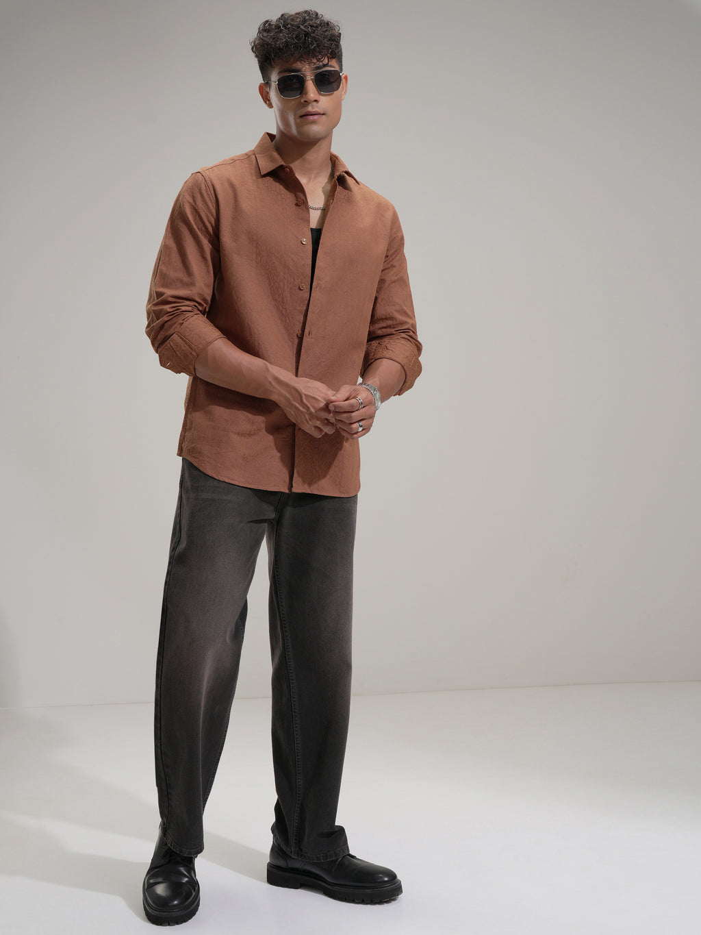 Highlander Men Rust Self Design Slim Fit Casual Shirt - Rust - Image 2