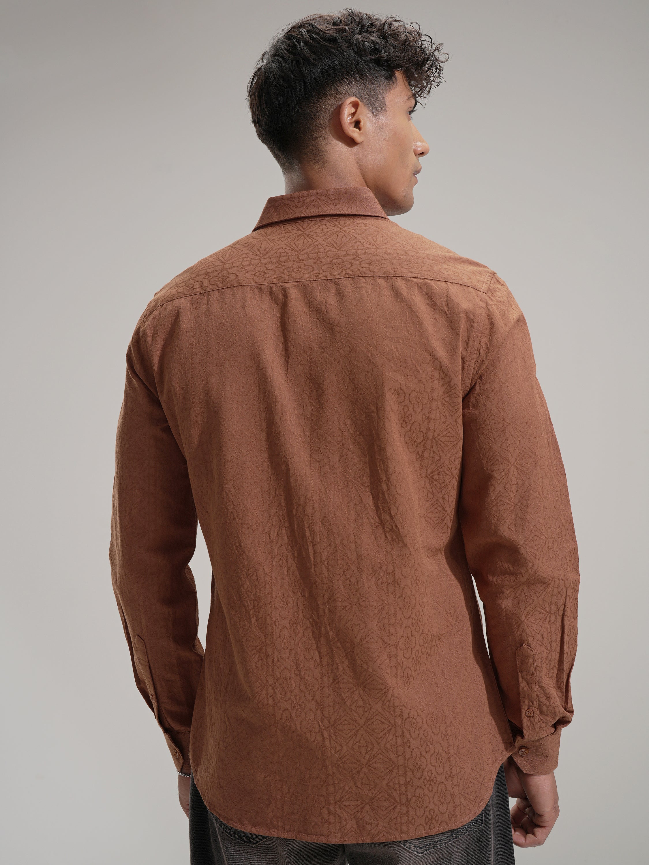 Highlander Men Rust Self Design Slim Fit Casual Shirt - Rust - Image 3