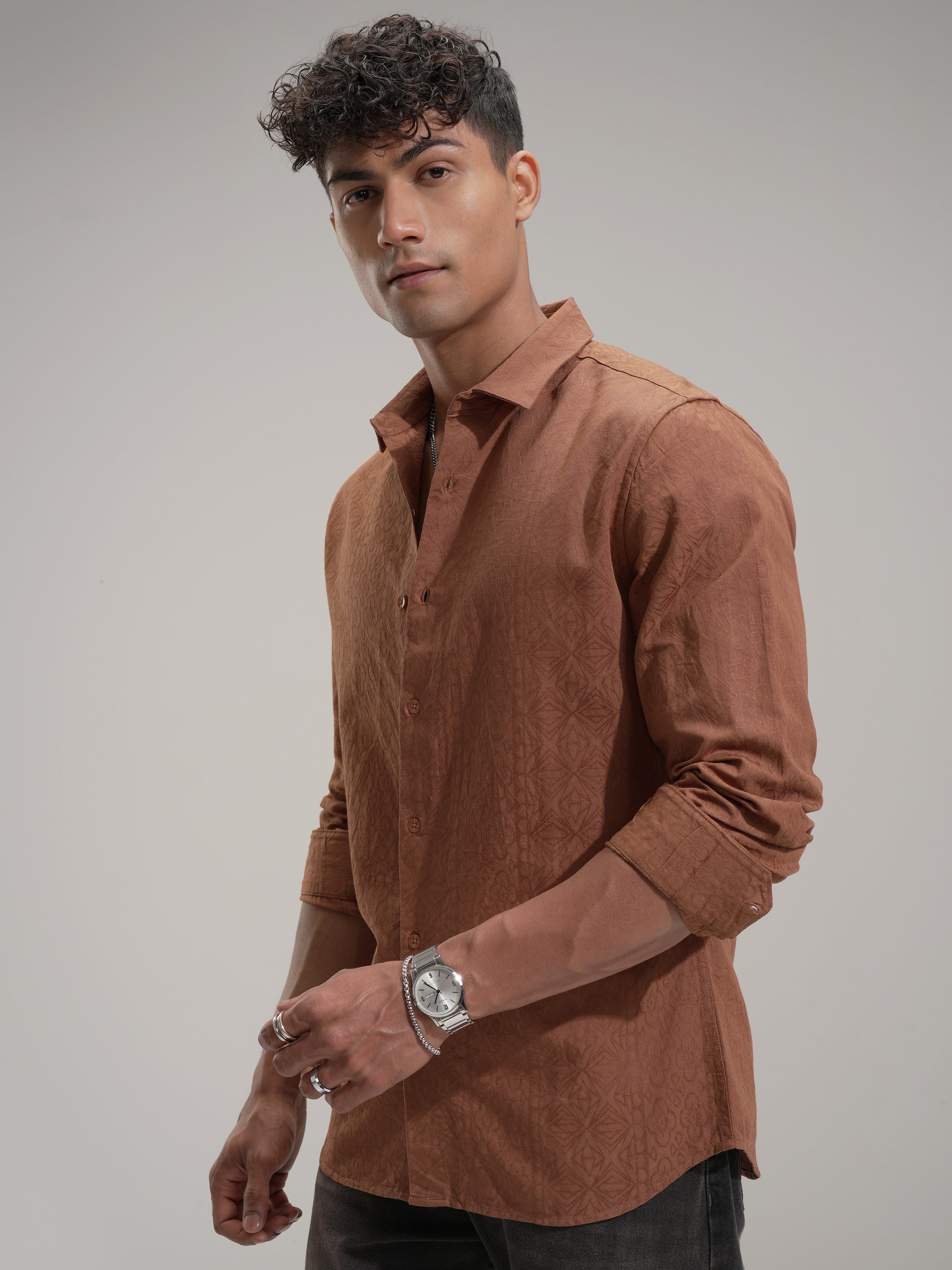 Highlander Men Rust Self Design Slim Fit Casual Shirt - Rust - Image 4