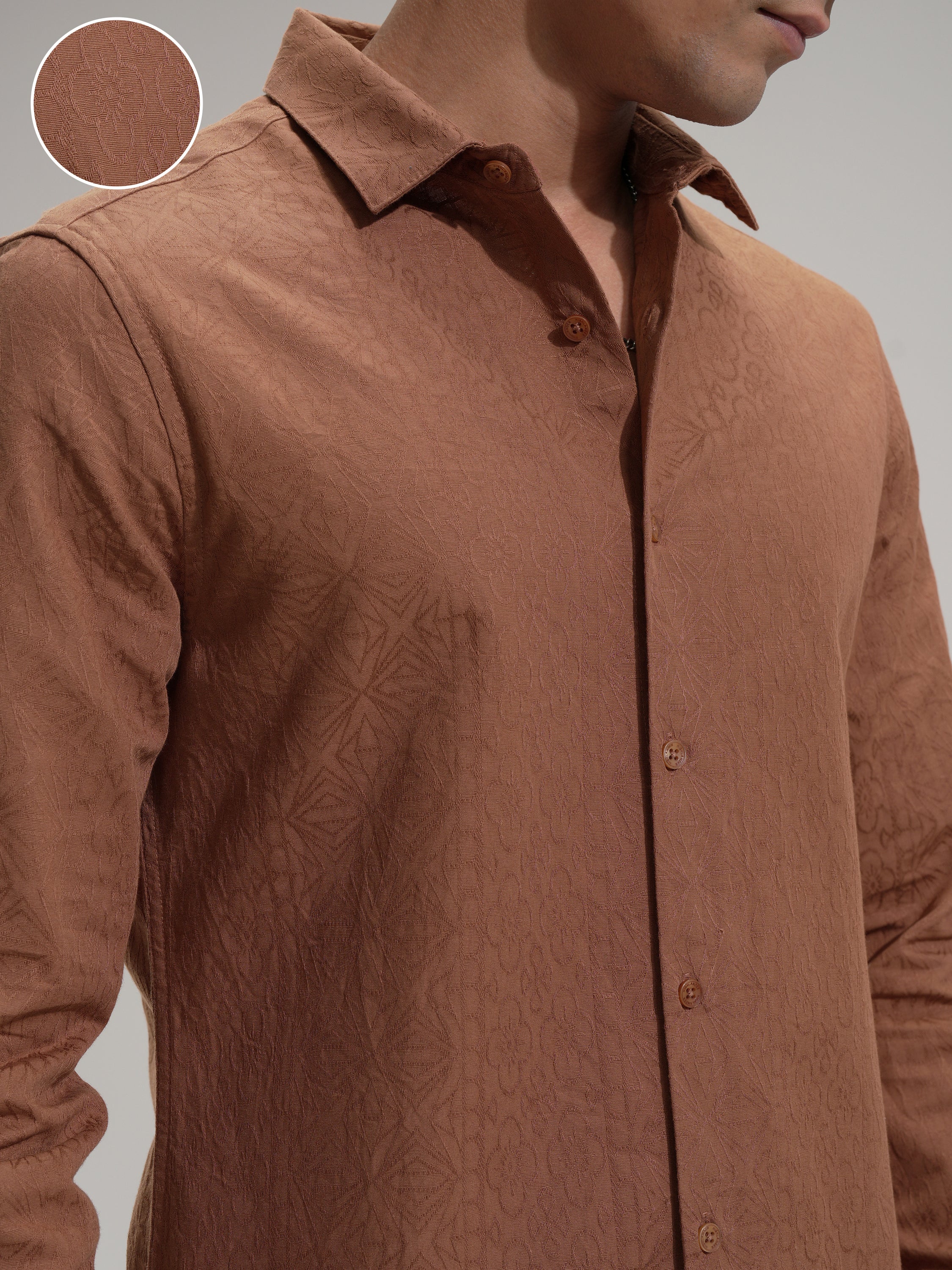 Highlander Men Rust Self Design Slim Fit Casual Shirt - Rust - Image 5