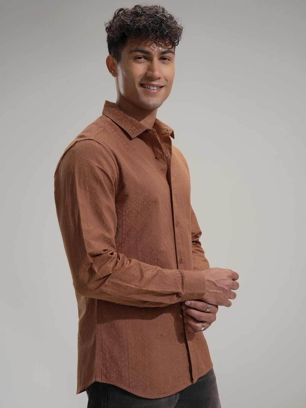 Highlander Men Rust Self Design Slim Fit Casual Shirt - Rust - Image 6
