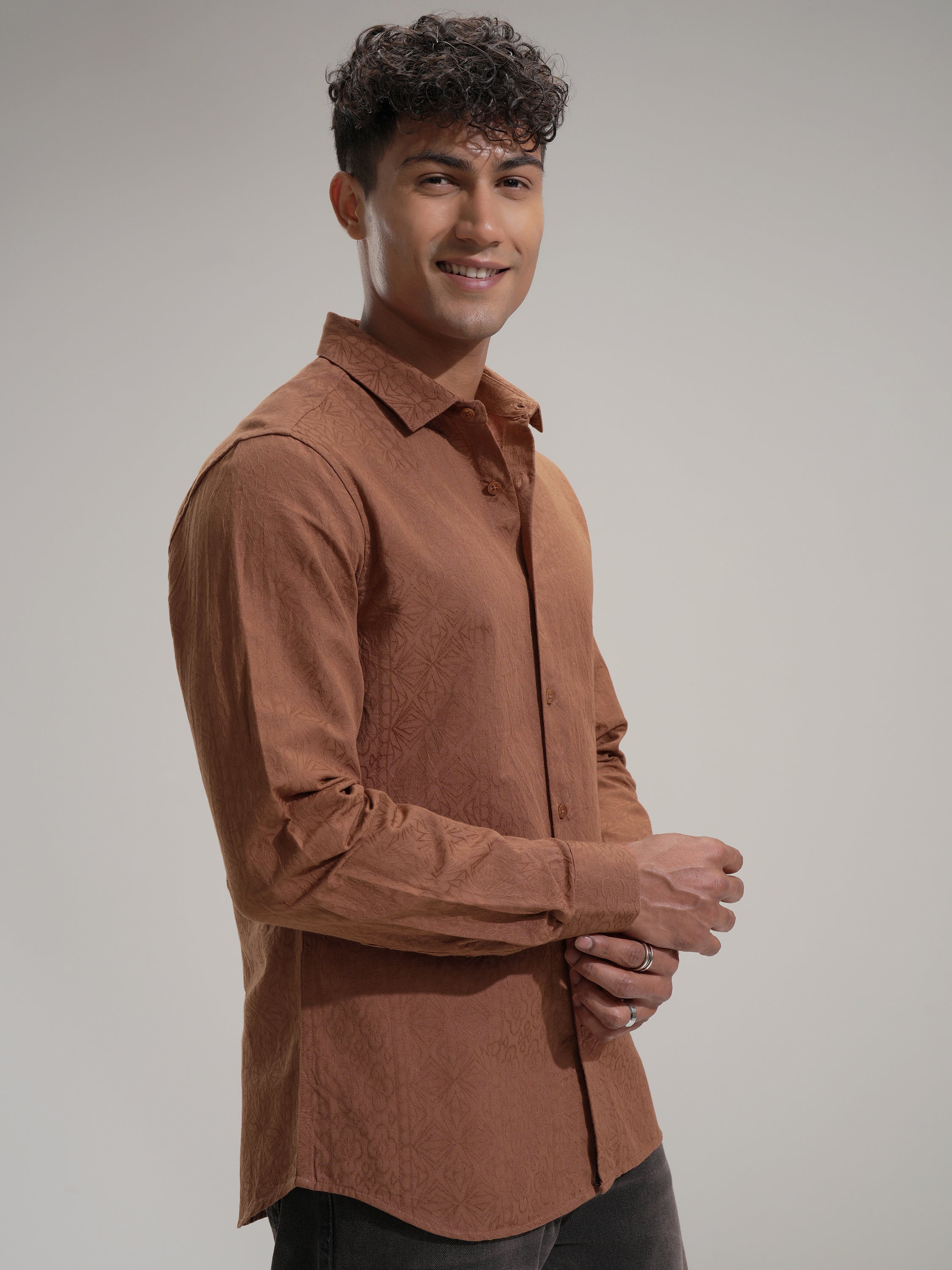 Highlander Men Rust Self Design Slim Fit Casual Shirt - Rust - Image 6