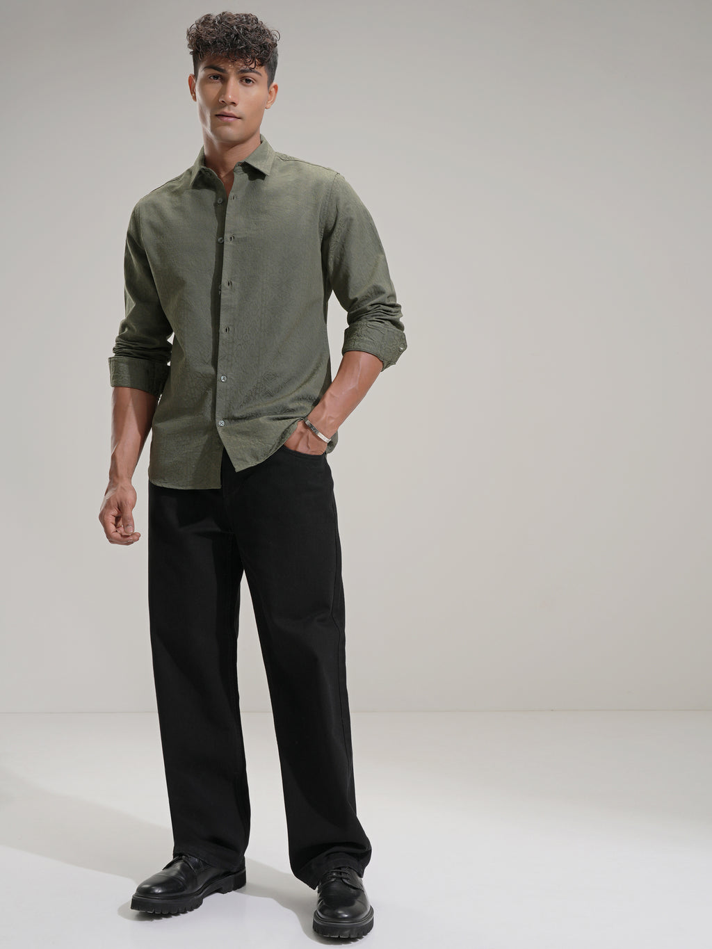 Highlander Men Olive Self Design Slim Fit Casual Shirt - Olive - Image 2