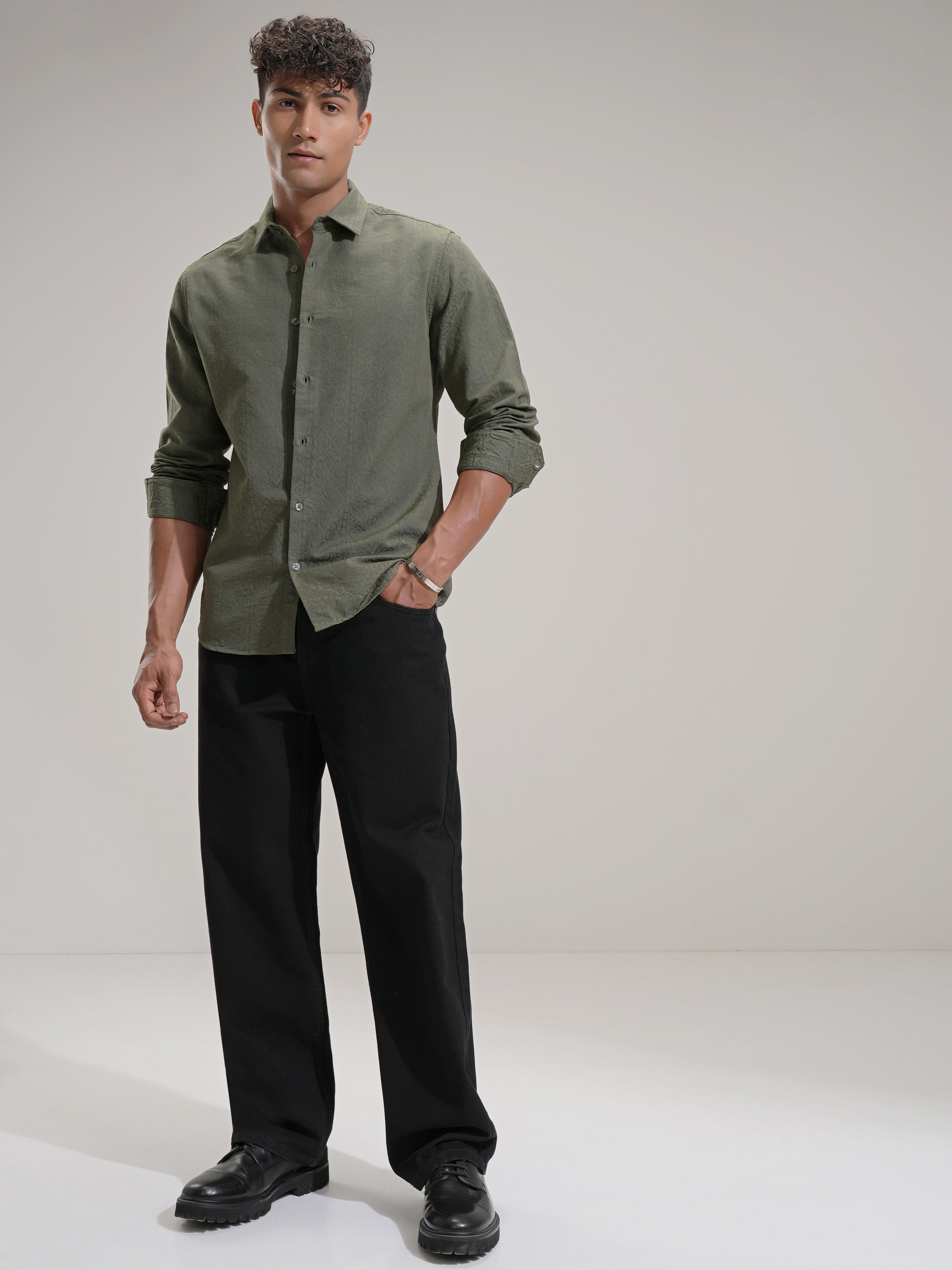 Highlander Men Olive Self Design Slim Fit Casual Shirt - Olive - Image 2