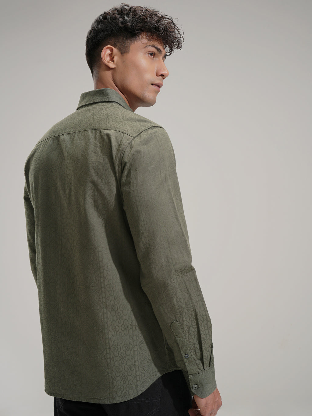 Highlander Men Olive Self Design Slim Fit Casual Shirt - Olive - Image 3