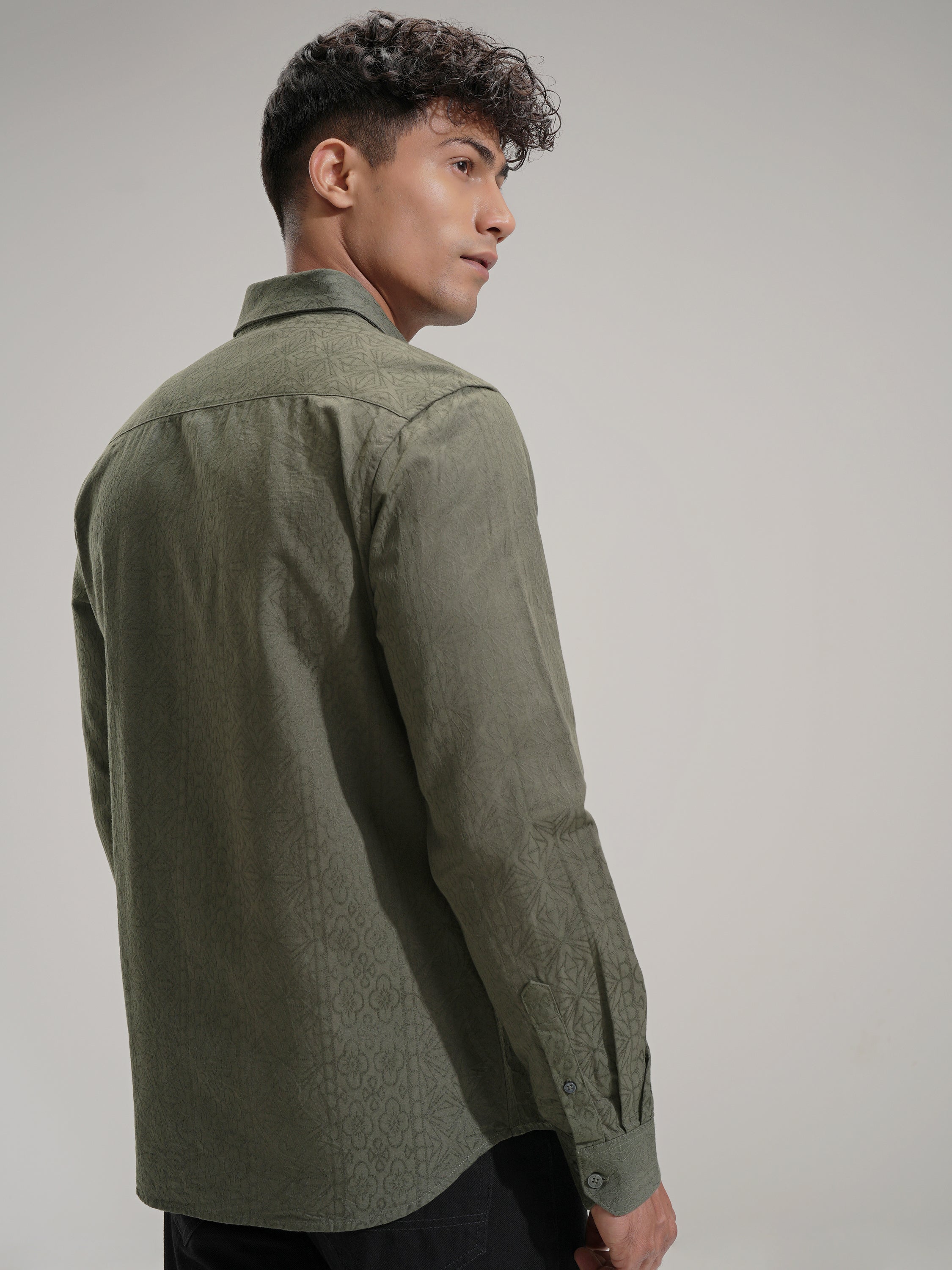 Highlander Men Olive Self Design Slim Fit Casual Shirt - Olive - Image 3