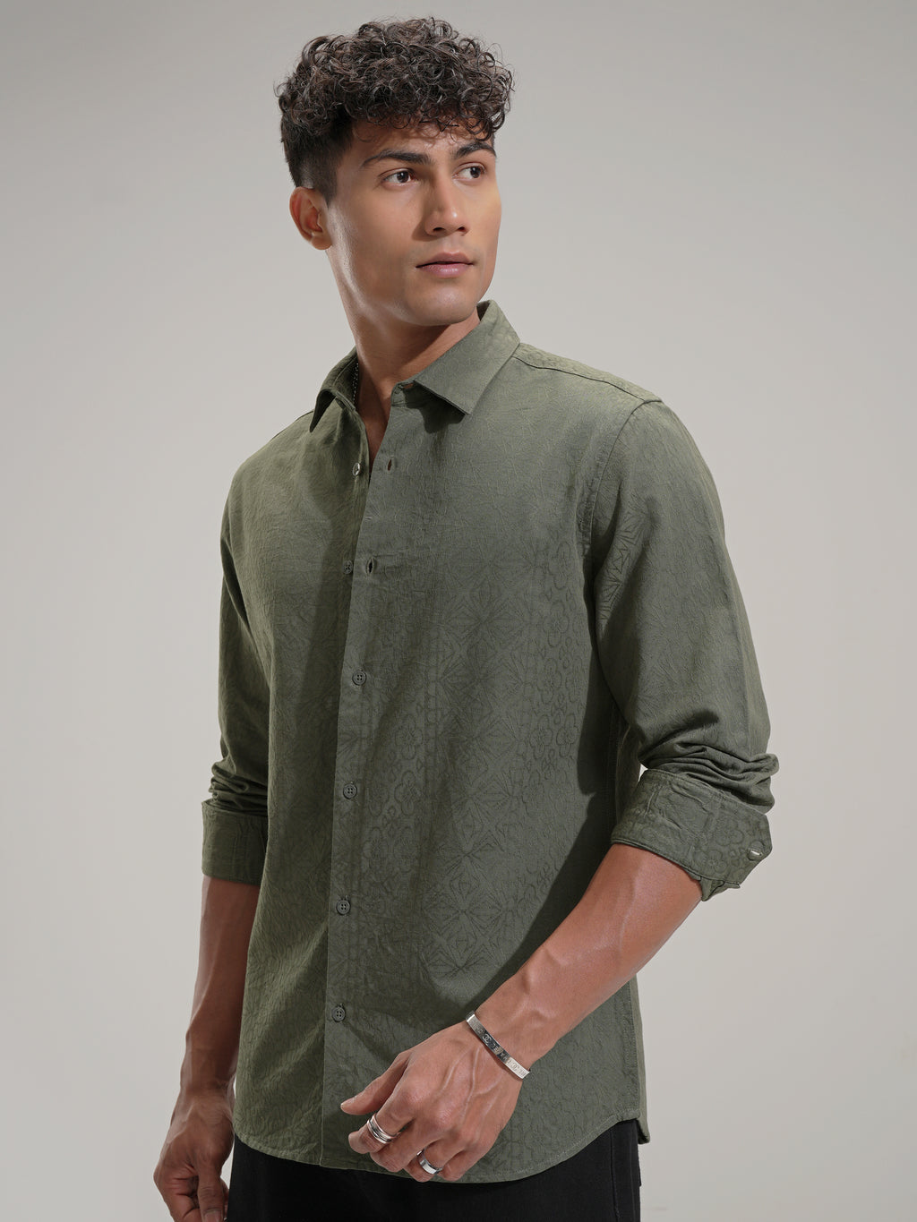 Highlander Men Olive Self Design Slim Fit Casual Shirt - Olive - Image 4