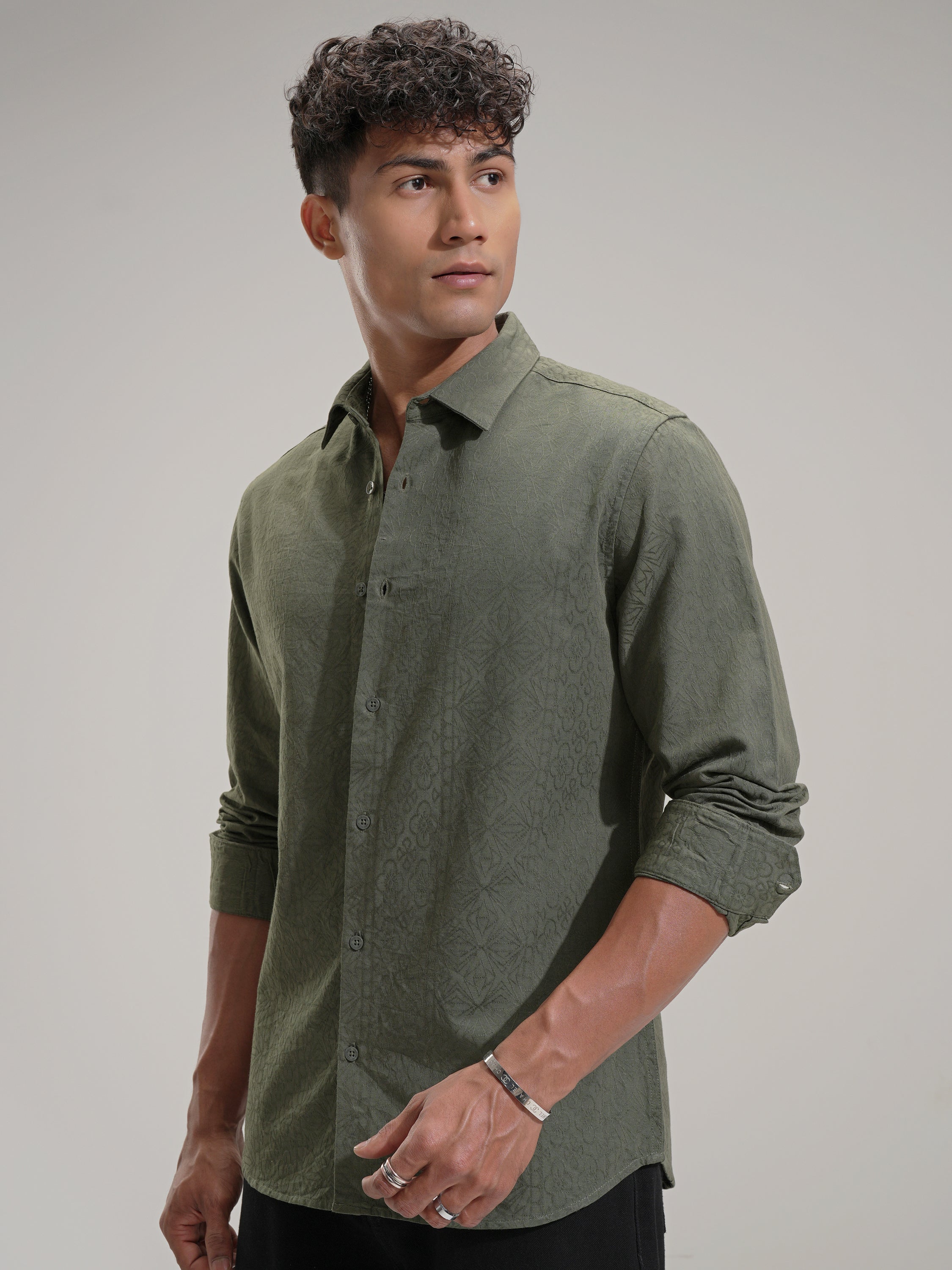 Highlander Men Olive Self Design Slim Fit Casual Shirt - Olive - Image 4