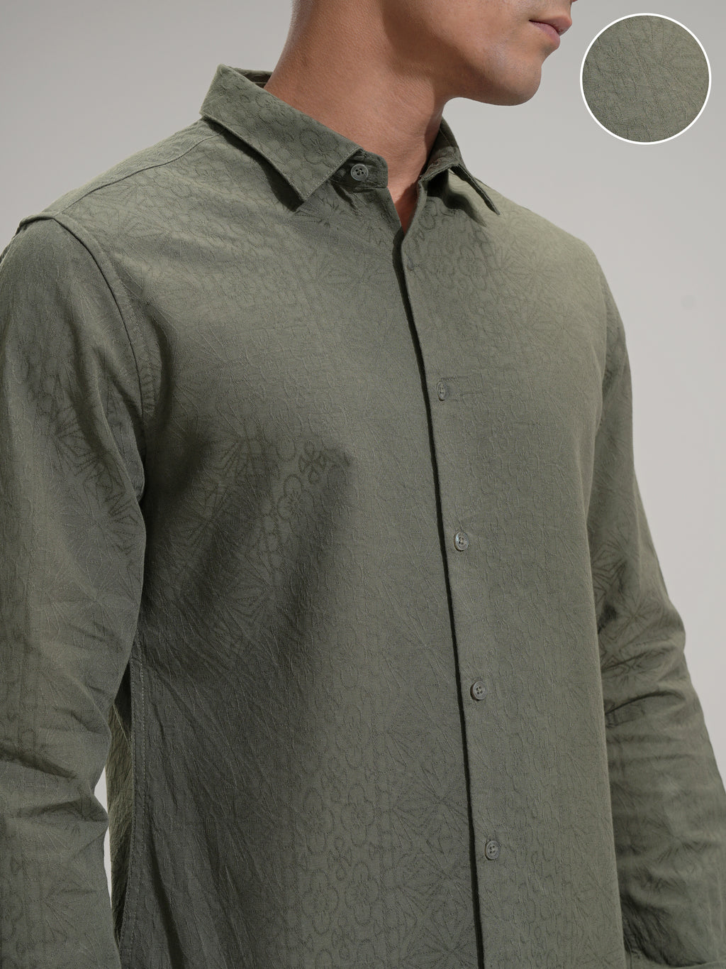Highlander Men Olive Self Design Slim Fit Casual Shirt - Olive - Image 5