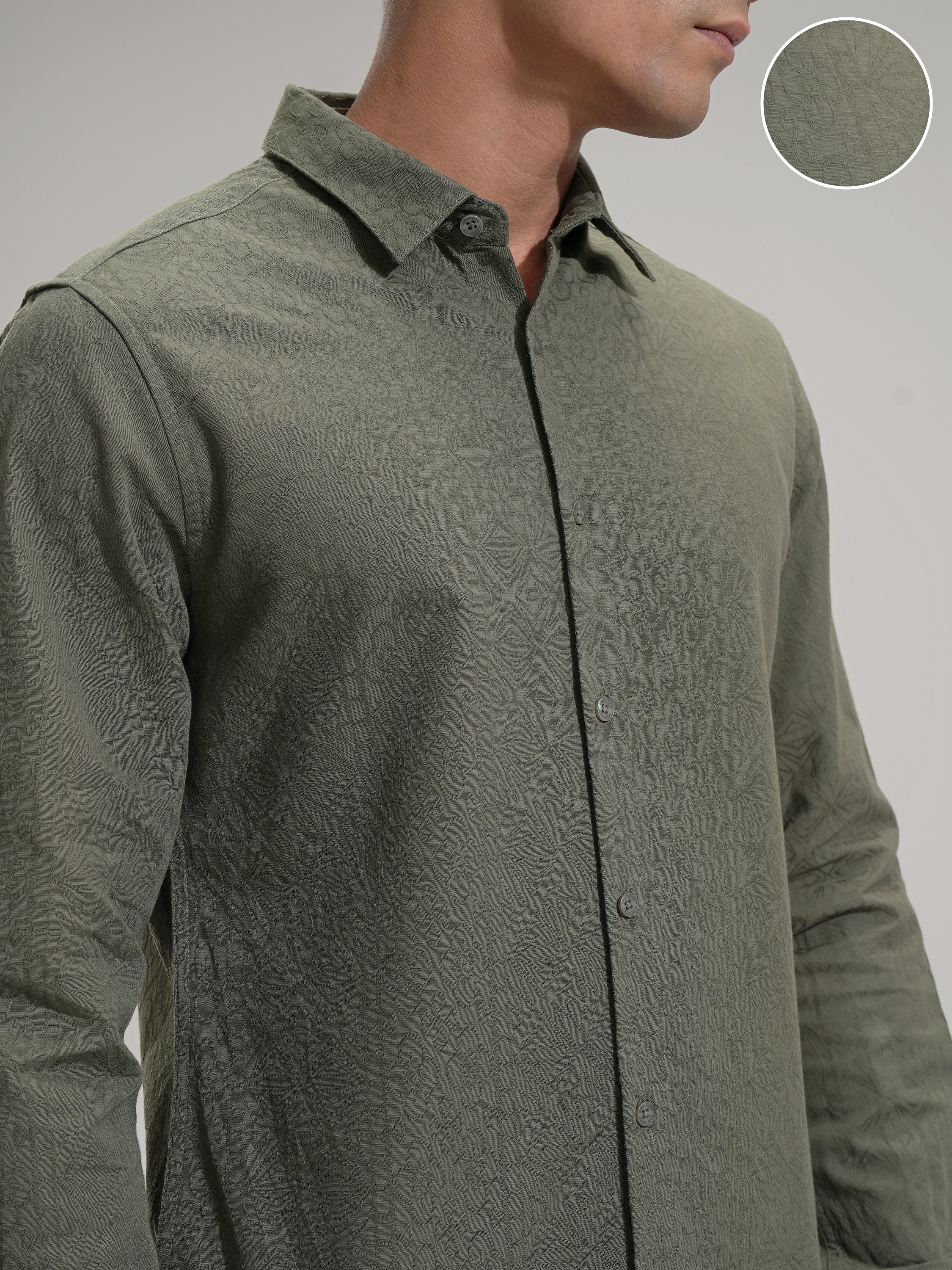 Highlander Men Olive Self Design Slim Fit Casual Shirt - Olive - Image 5