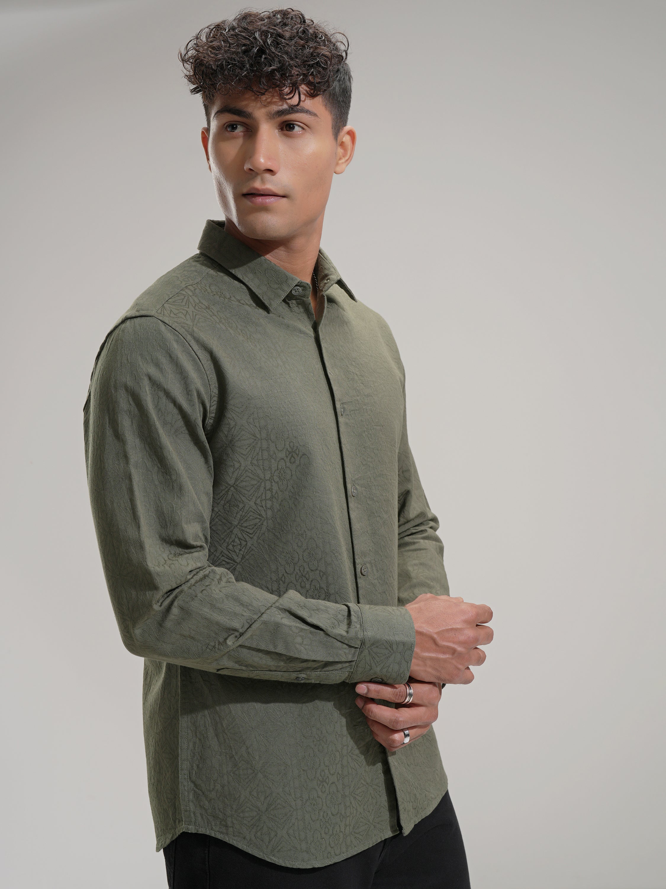 Highlander Men Olive Self Design Slim Fit Casual Shirt - Olive - Image 6