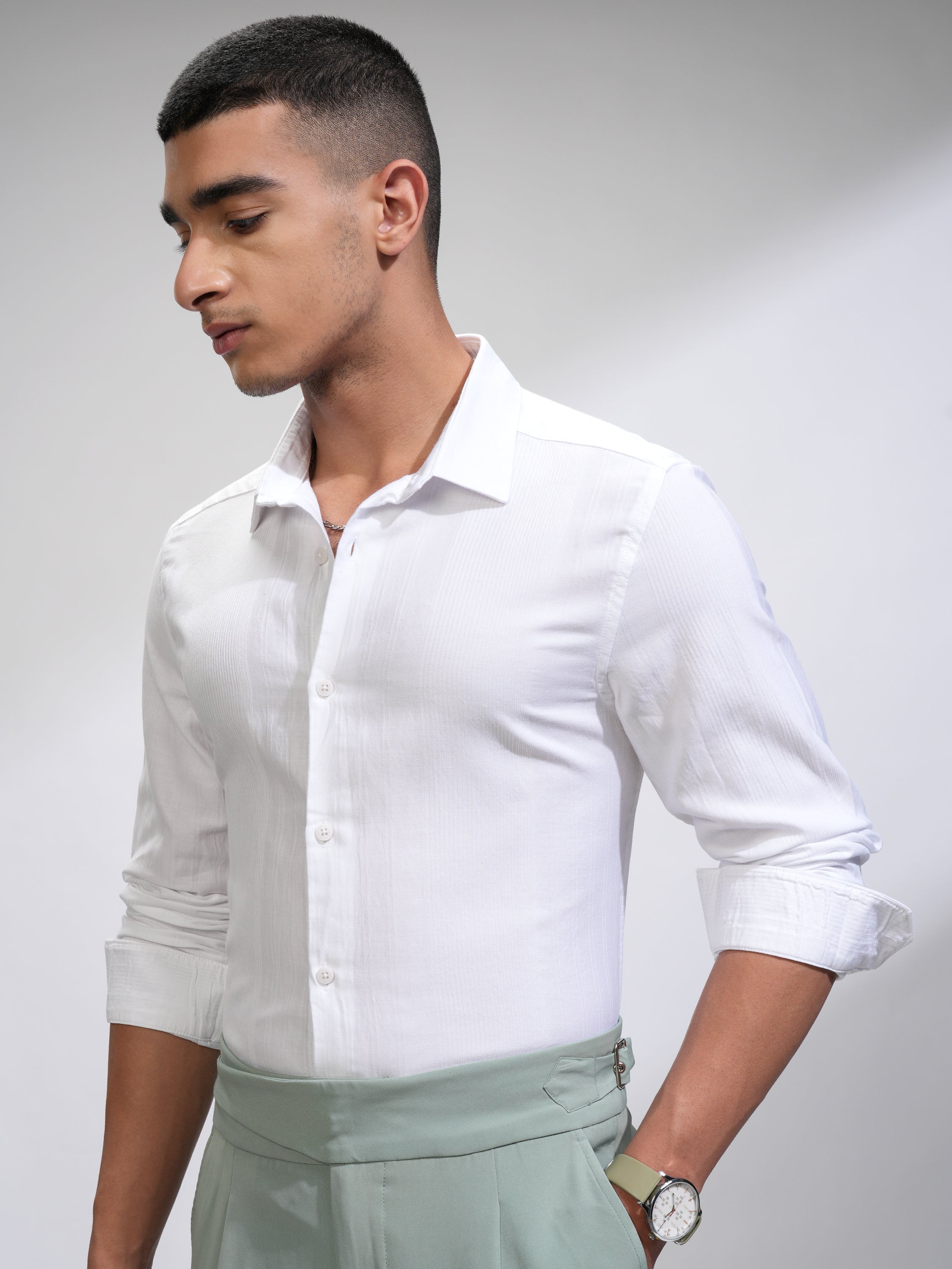 Highlander Men White Striped Slim Fit Casual Shirt - White - Image 4