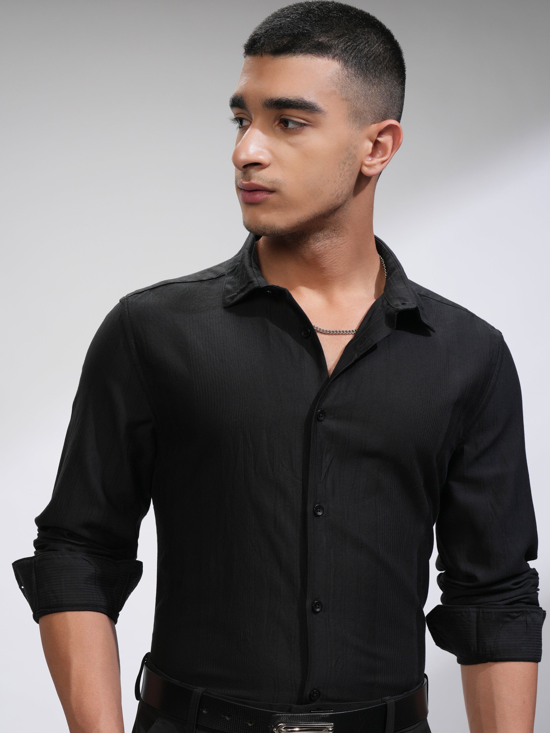 Highlander Men Black Striped Slim Fit Casual Shirt - Black - Image 1