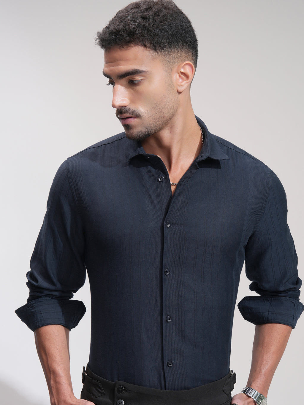 Highlander Men Navy Blue Striped Slim Fit Casual Shirt - Navy Blue - Image 1