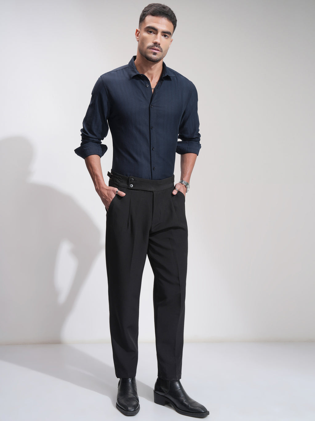Highlander Men Navy Blue Striped Slim Fit Casual Shirt - Navy Blue - Image 2