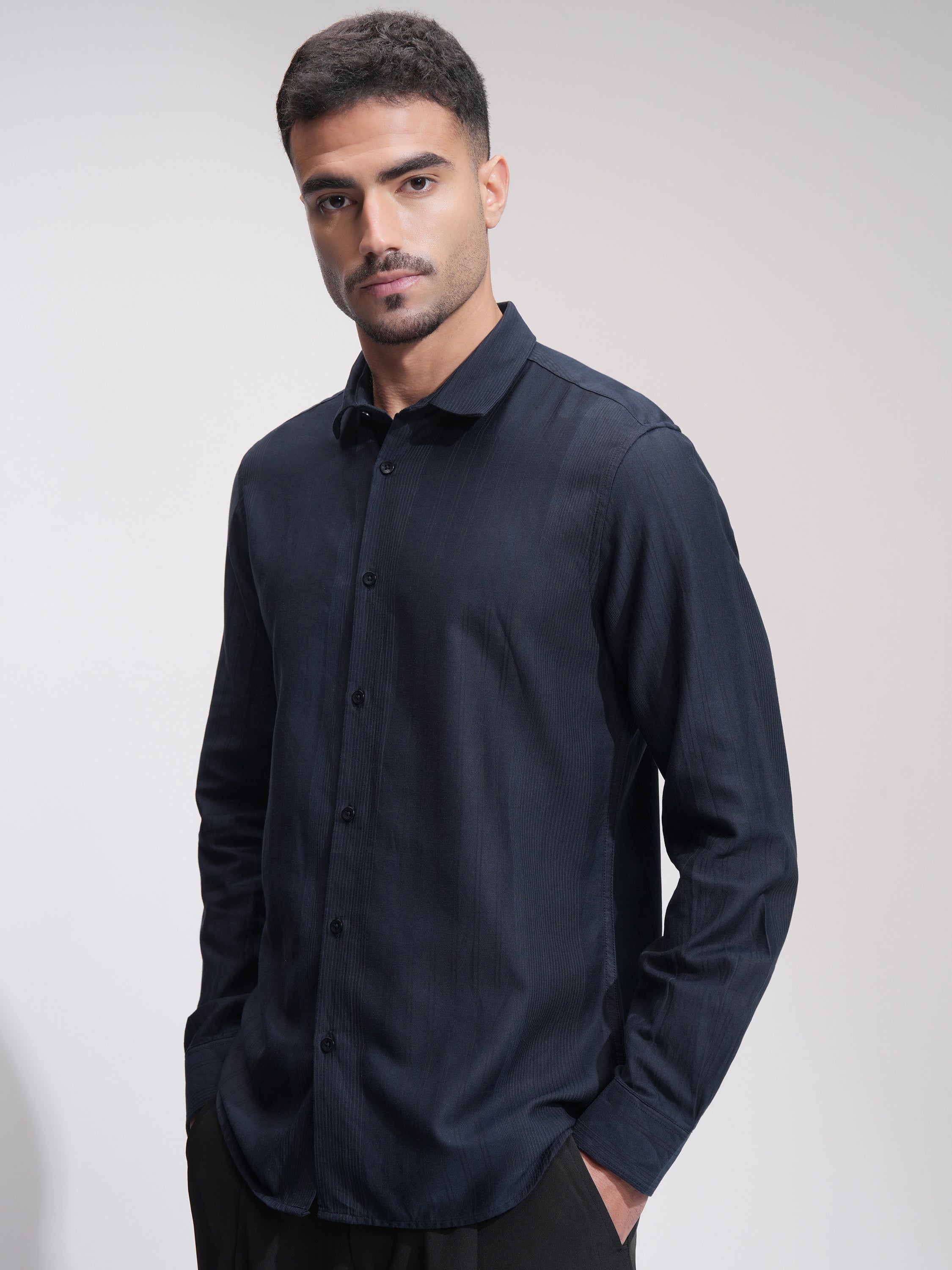 Highlander Men Navy Blue Striped Slim Fit Casual Shirt - Navy Blue - Image 4