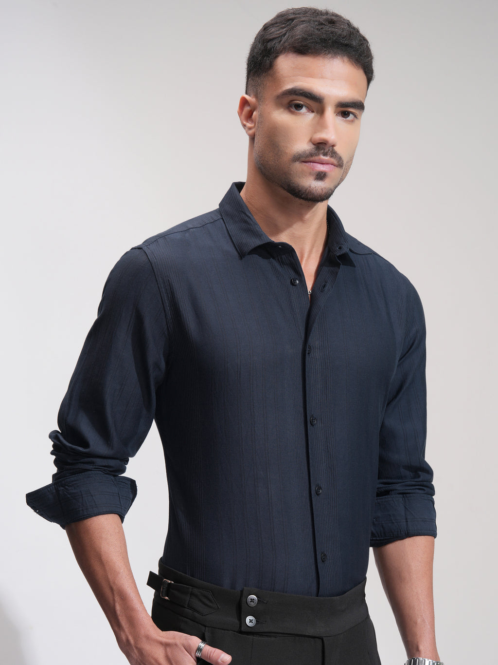 Highlander Men Navy Blue Striped Slim Fit Casual Shirt - Navy Blue - Image 6