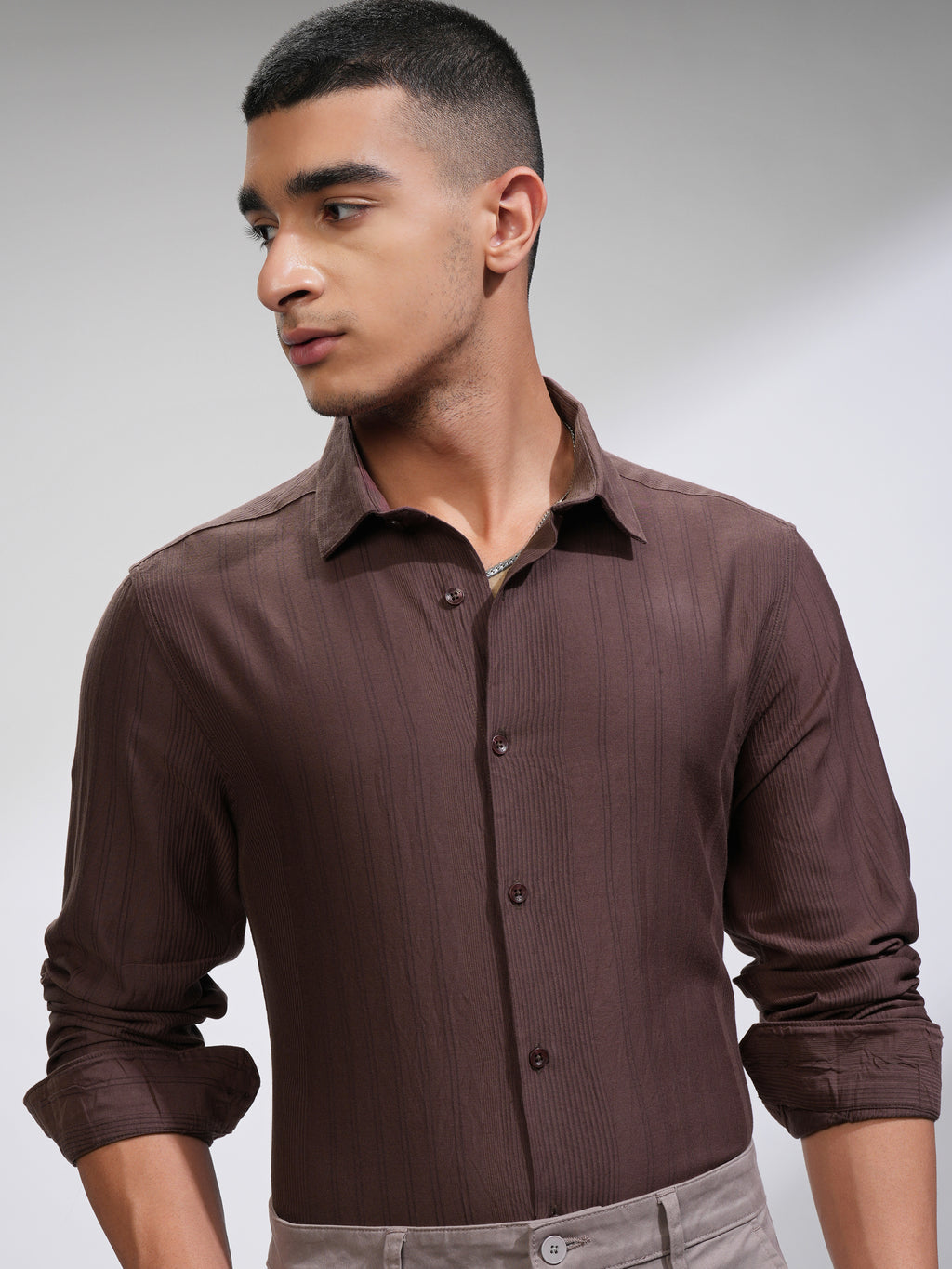 Highlander Men Brown Striped Slim Fit Casual Shirt - Brown - Image 1