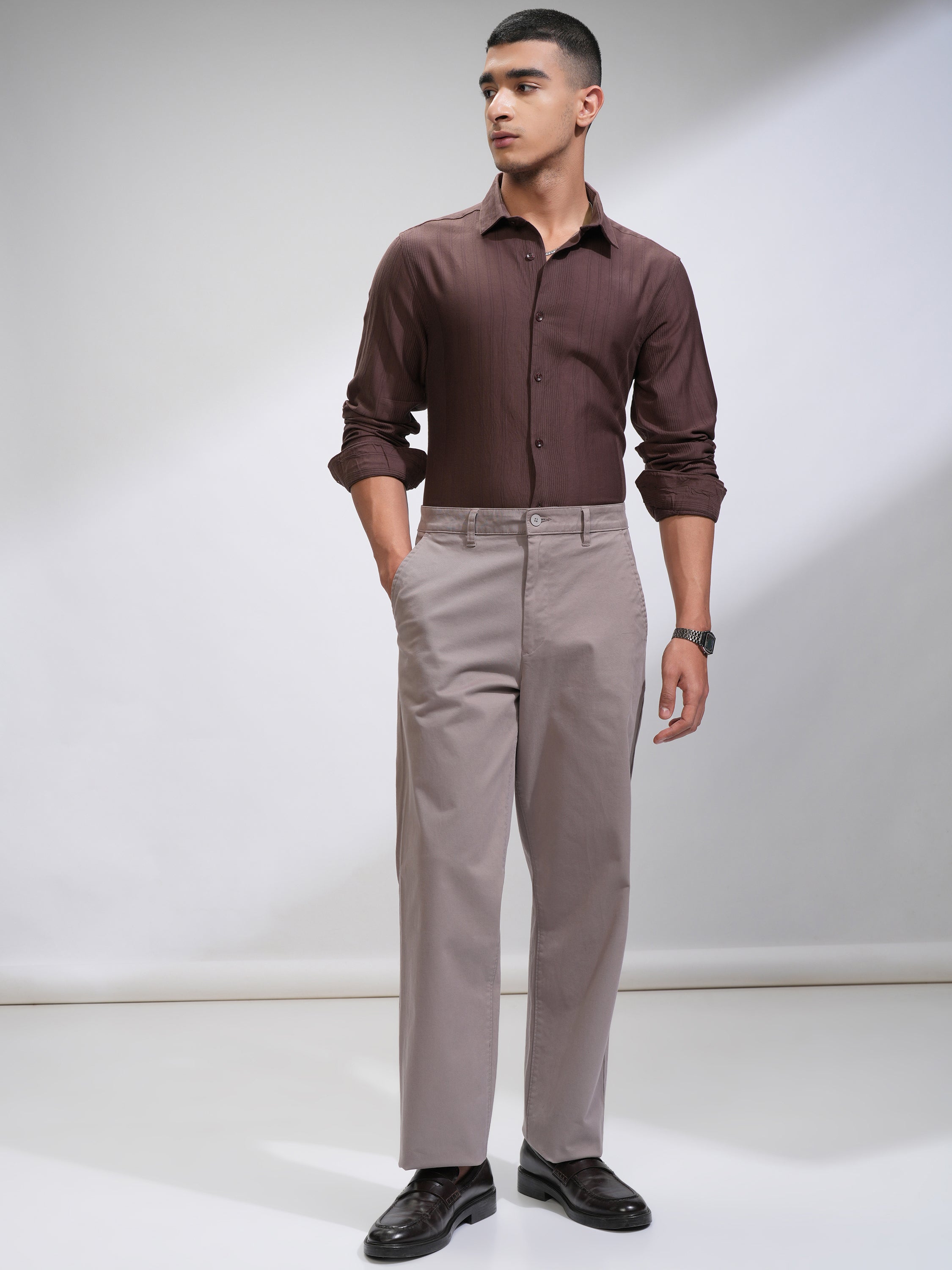 Highlander Men Brown Striped Slim Fit Casual Shirt - Brown - Image 2