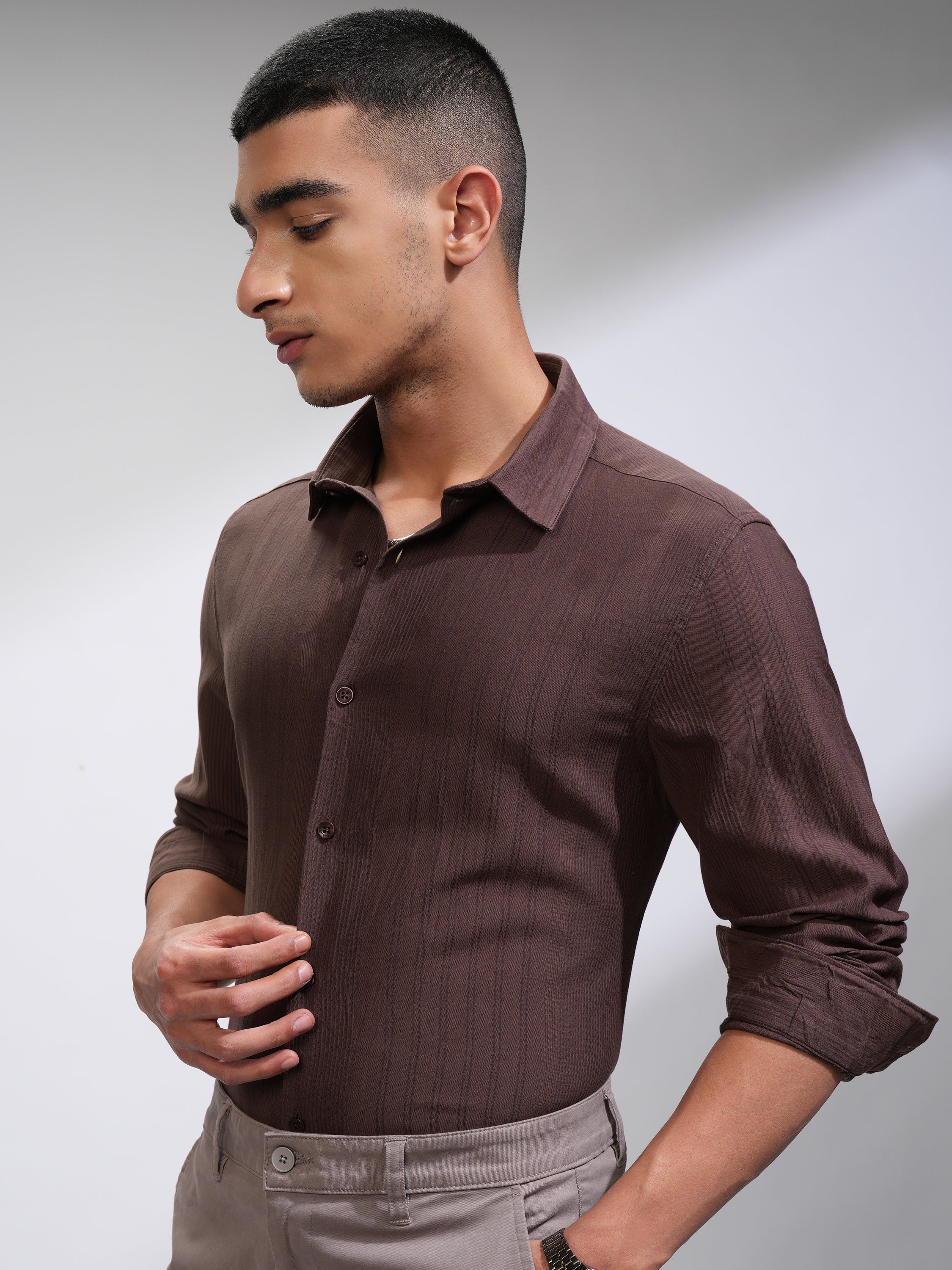 Highlander Men Brown Striped Slim Fit Casual Shirt - Brown - Image 4
