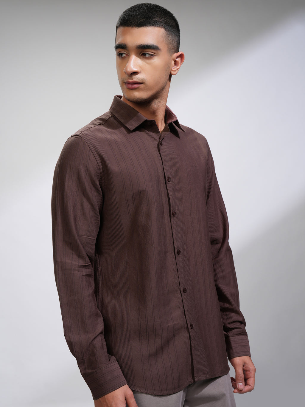 Highlander Men Brown Striped Slim Fit Casual Shirt - Brown - Image 6